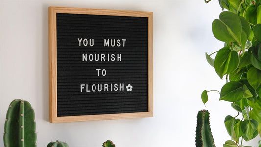 A black board with white plastic letters on it that reads You Must Nourish To Flourish. Around the board are a variety of houseplants.