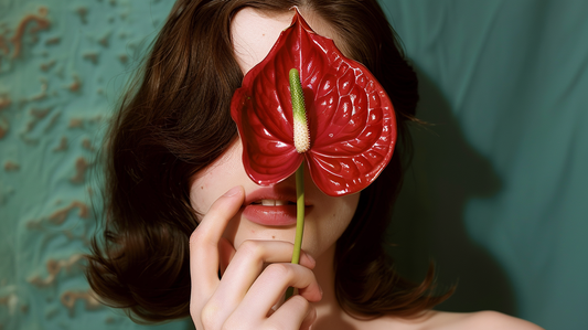 A young woman with dark brown hair holds a blossoming Anthurium flower to her face.