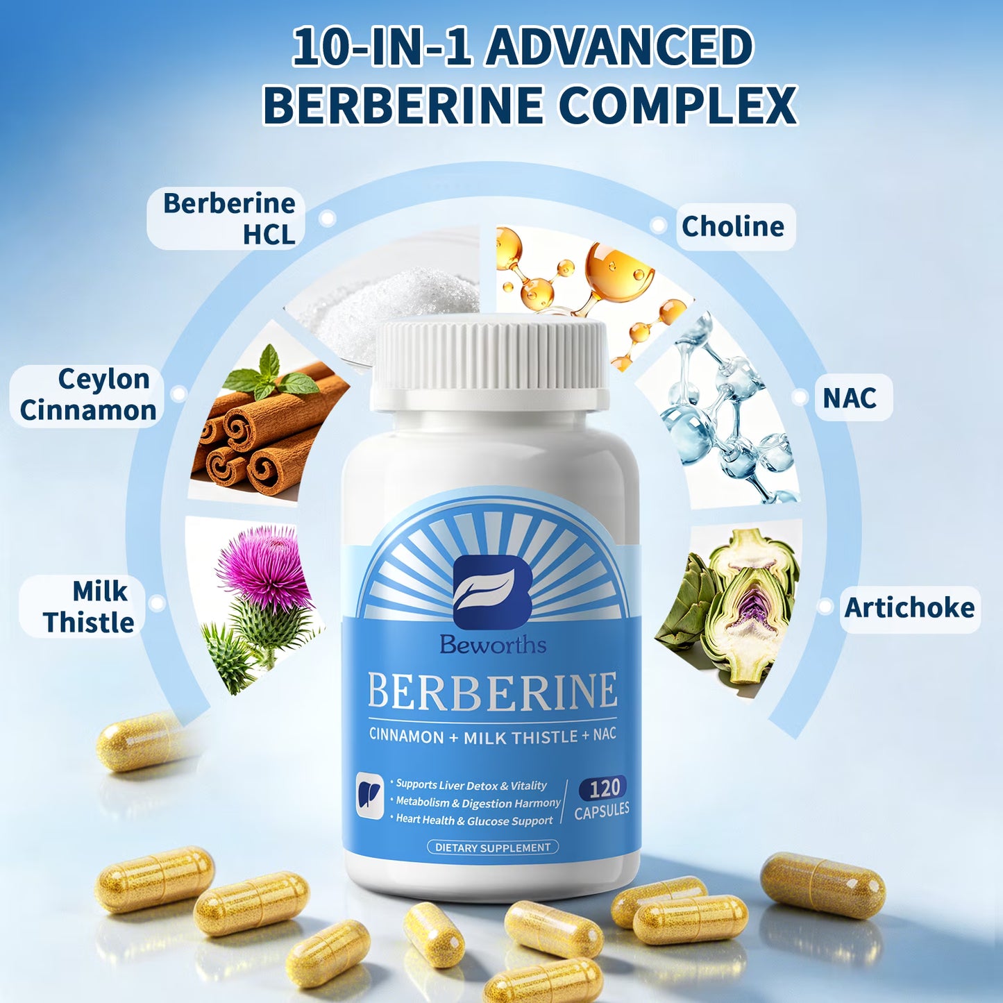 Berberine 450mg with Ceylon Cinnamon, Milk Thistle & NAC - Metabolic & Liver Support Supplement - Digestive Balance - Non-GMO - 120 Capsules (60 Servings)