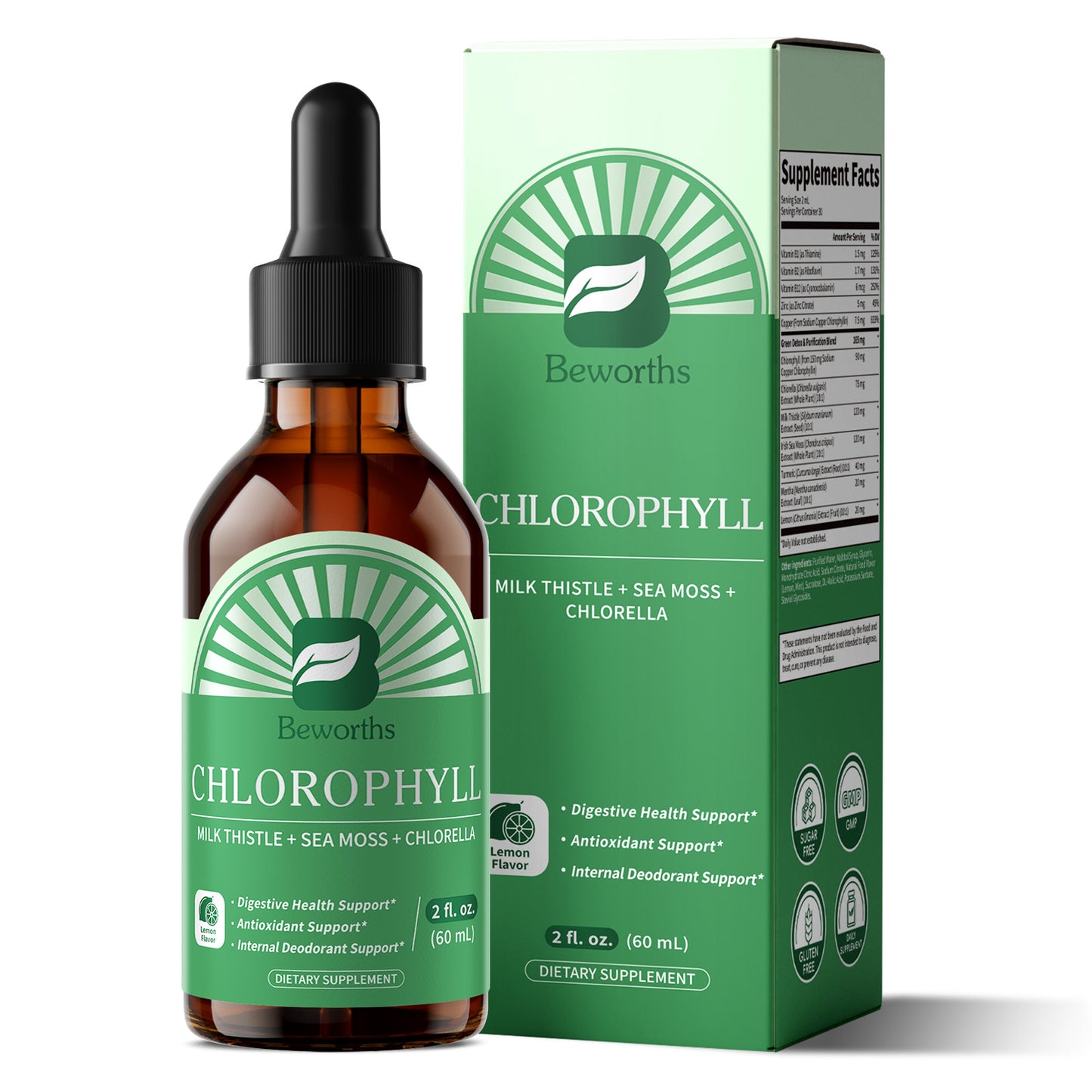 Beworths Liquid Chlorophyll Drops with Milk Thistle, Sea Moss & Chlorella – 3-in-1 Daily Wellness Supplement for Detox, Liver & Digestive Support, Immune Boost & Internal Deodorant – Natural Mint Lemon Flavor, 2 fl. oz (60ml)