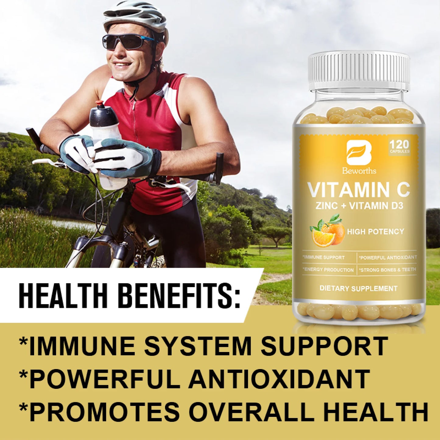 Vitamin C Zinc + Vitamin D3 Supplement, Plus Rosehips for Antioxidant & Immune Support, 120 Capsules