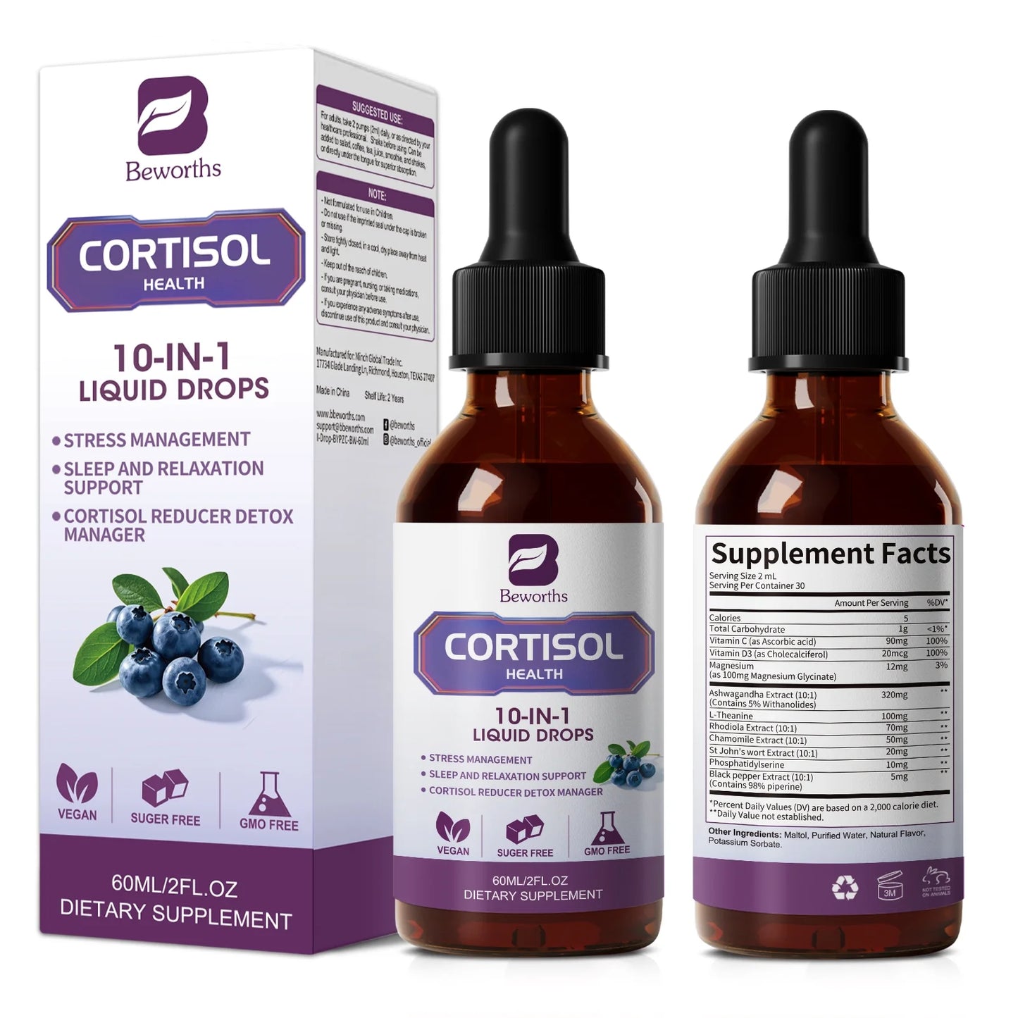 Cortisol Health Supplement, 10-in-1 Cortisol Manager, with Magnesium, Ashwagandha, L-Theanine, Supports Relaxation & Sleep, 2 fl oz