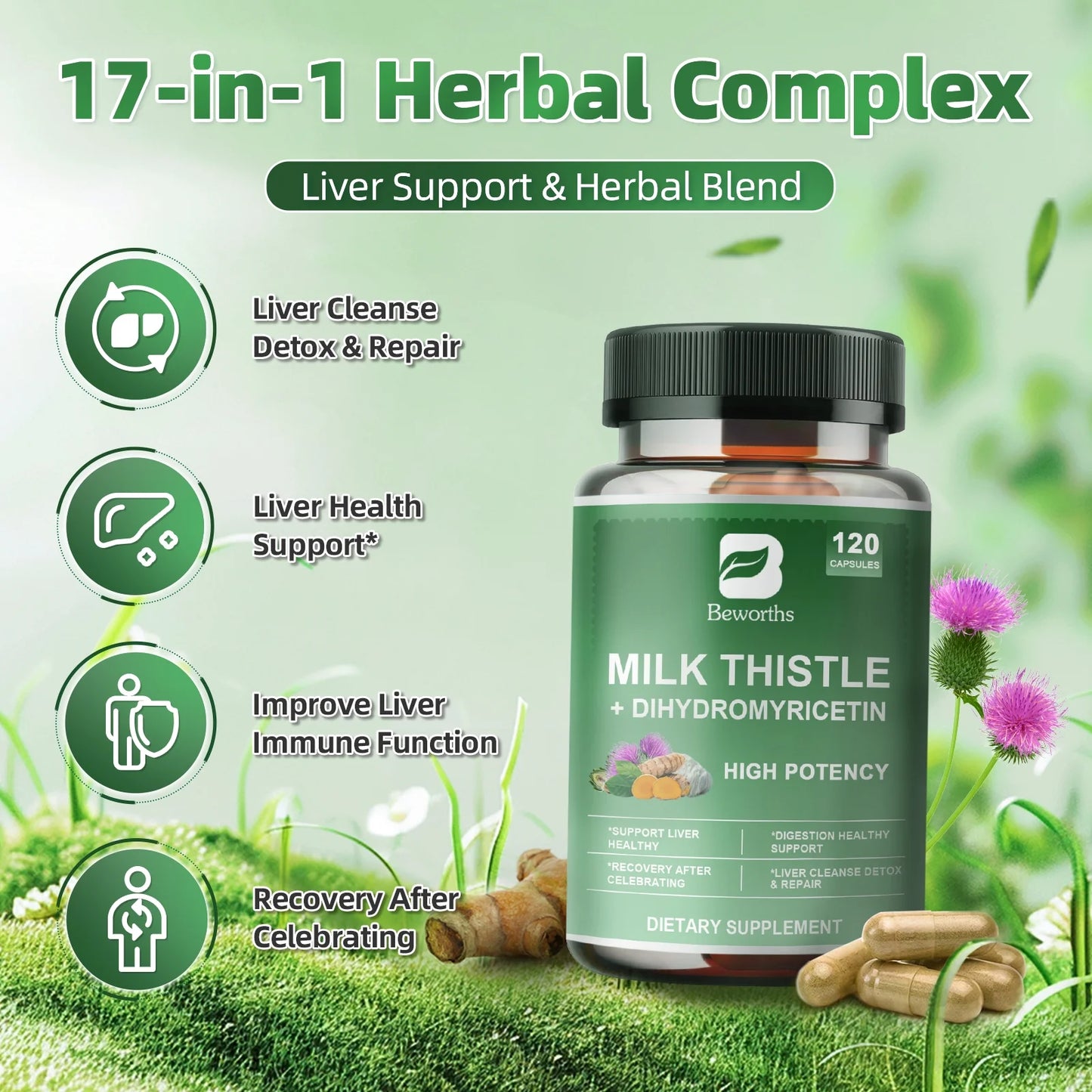 Milk Thistle Capsules, Silymarin Marianum & Dandelion Plus Turmeric Support Liver Function, Antioxidant, Overall Health,120 Count
