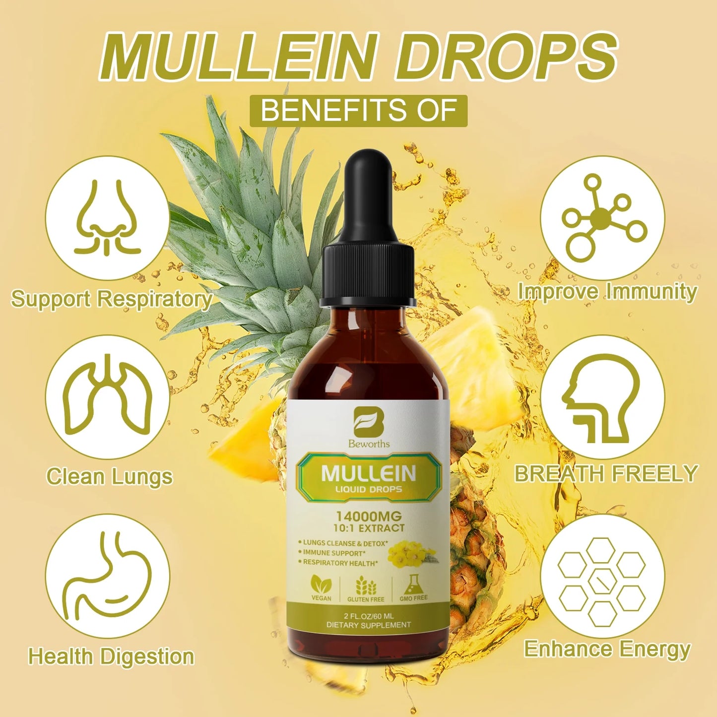 Mullein Drops for Lungs, Lung Detox & Cleanse, 420,000mg Mullein Leaf Extract Tincture, for Respiratory, Immune, 30 Servings