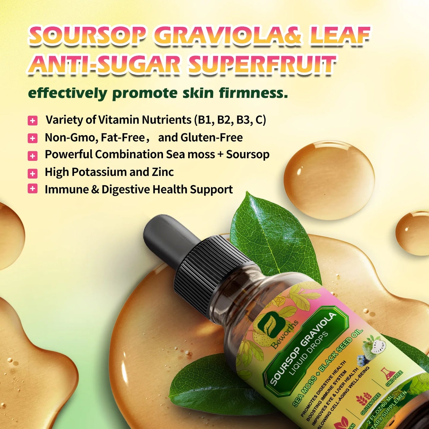 (2 Pack)Soursop Graviola Liquid Drop, with Sea Moss & Balckseed oil, for Cell Support & Regeneration, Immune, Relax, Liver, Gut & Antioxidant Support, 2 fl oz