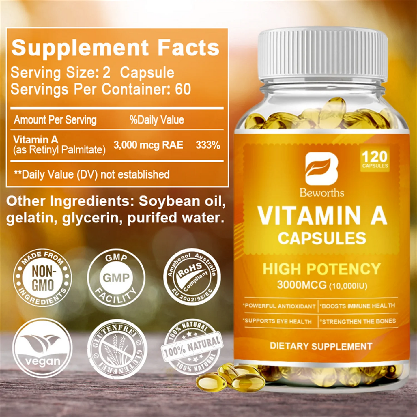 Vitamin A Softgels 10,000 IU Vitamin A Supplement, Promotes Immune, Bone, Skin, and Eye Health, 10000 IU (3000mcg) 240 Capsules, Vegan Dietary Supplements by BEWORTHS