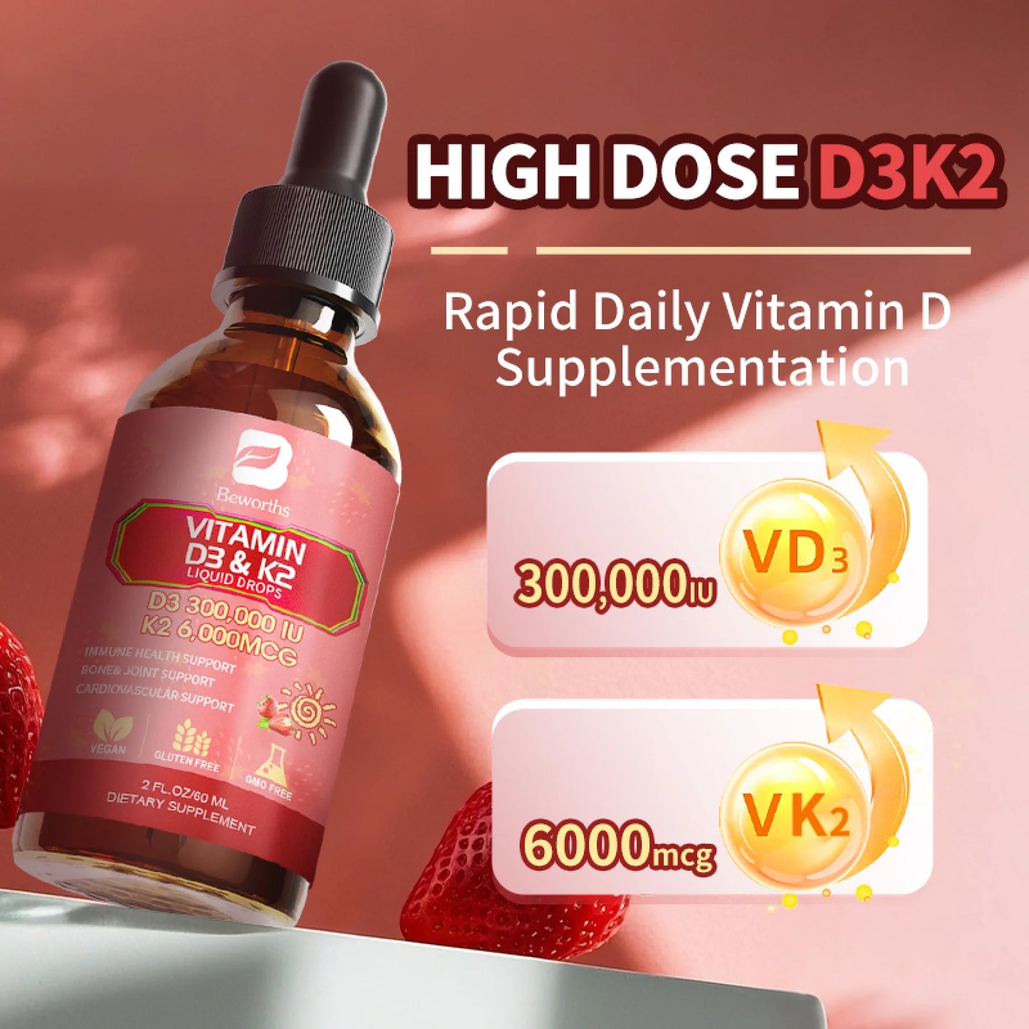 Vitamin D3 K2 Liquid Drops,10,000 IU D3 & 200Mcg K2 per Serving, Support Bone, Heart, Joint, 2 fl oz
