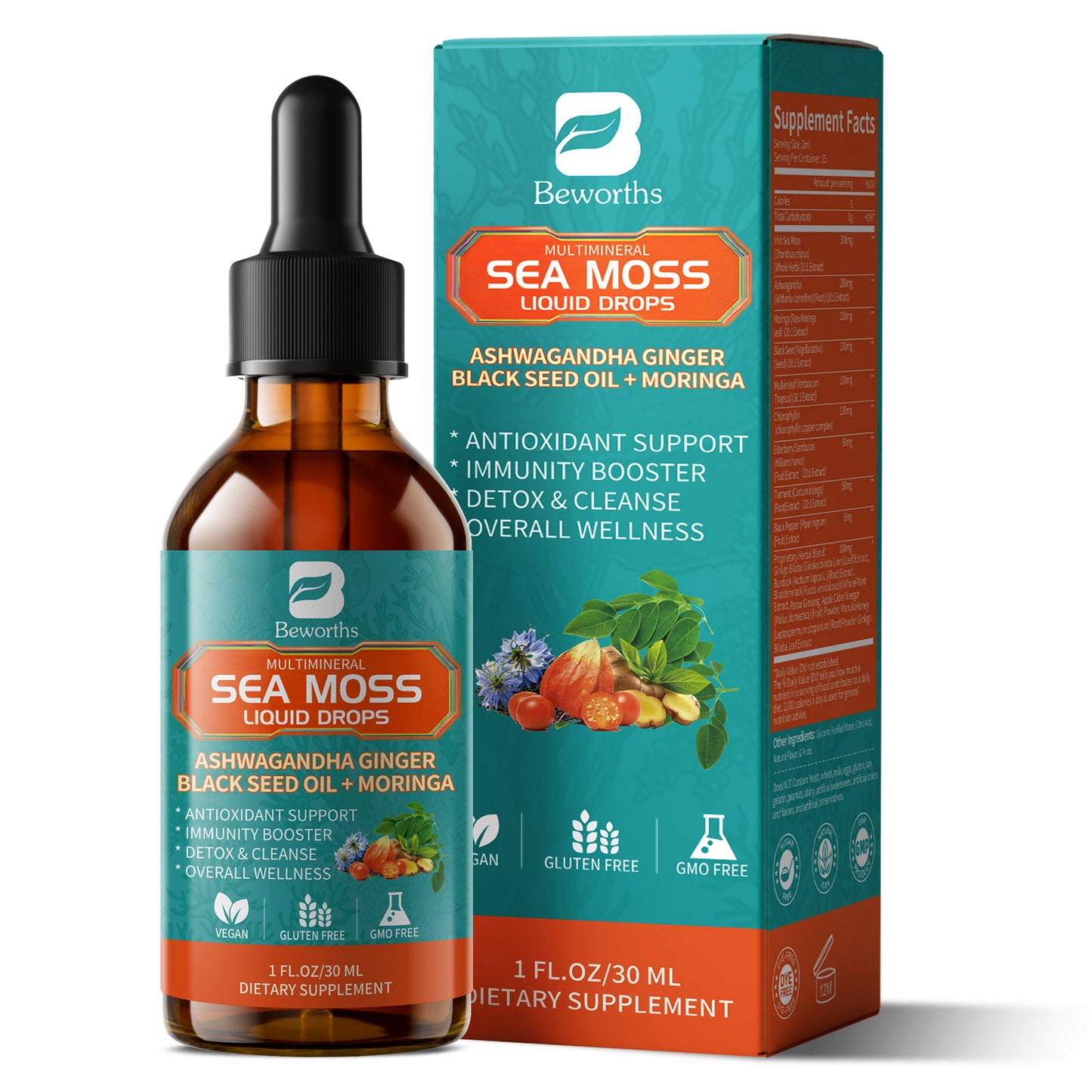 Sea Moss Drops - Irish Sea Moss Chlorophyll Liquid with Black Seed Oil, Ashwagandha, Moringa, Turmeric, Elderberry, Mullein, Seamoss Gel Supplement for Liver Cleanse, Detox & Gut, Immune Support-Vegan