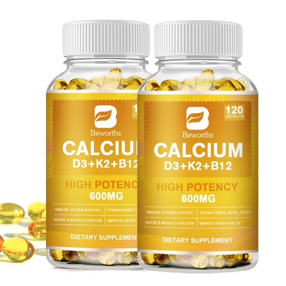 Beworths 4-in-1 Calcium 600Mg with Vitamin D3 K2 B12 Capsules for Bone Strength, Heart Health & Immune Support, 240 Capsules for Men and Women