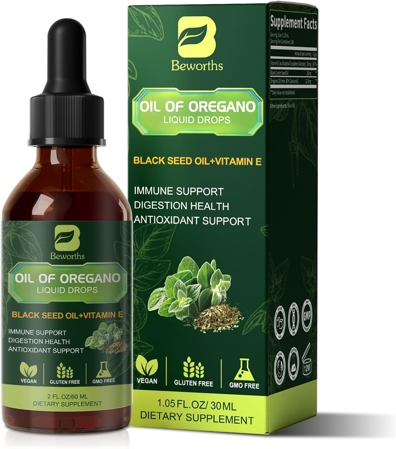 Oregano Oil Drops, Oil of Oregano with Black Seed Oil, Vitamin E, Wild Harvest Oil of Oregano Liquid Herbal Blend for Immune, Antioxidant-Support, Digestive Gut Cleanser Detox Health | Vegan, Non-GMO