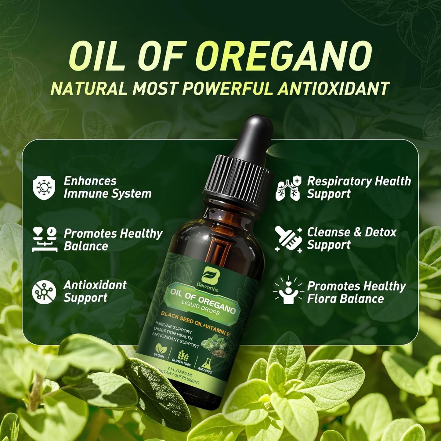 Oregano Oil Drops, Oil of Oregano with Black Seed Oil, Vitamin E, Wild Harvest Oil of Oregano Liquid Herbal Blend for Immune, Antioxidant-Support, Digestive Gut Cleanser Detox Health | Vegan, Non-GMO