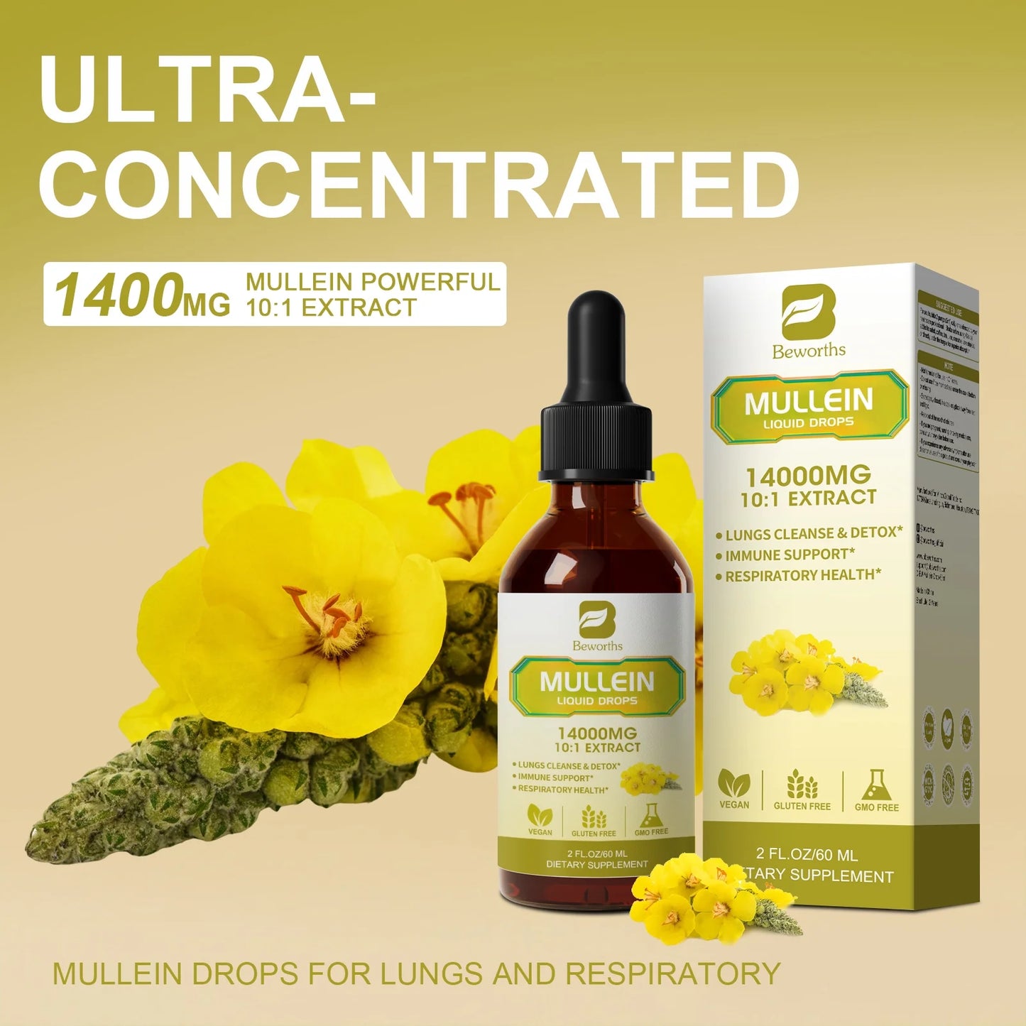 Mullein Drops for Lungs, Lung Detox & Cleanse, 420,000mg Mullein Leaf Extract Tincture, for Respiratory, Immune, 30 Servings