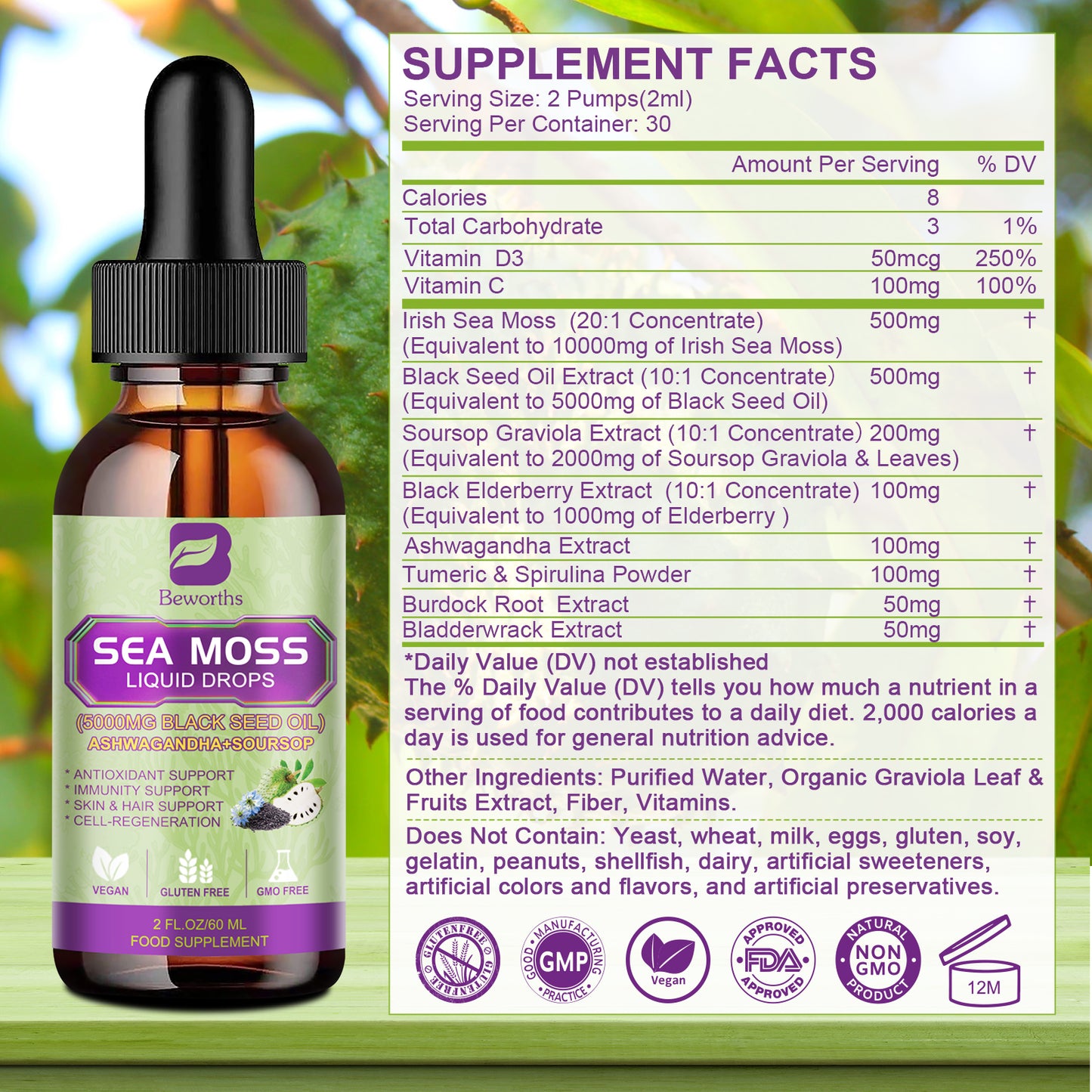 Beworths Black Seed Oil & Irish Sea Moss Gel with Soursop Bitters Liquid Drop Supplement