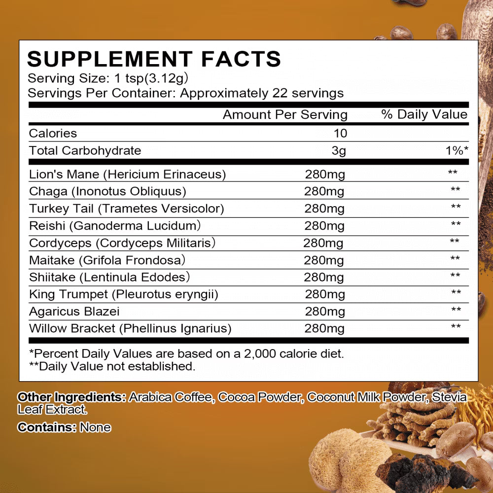 Mushroom Coffee - Organic Instant Coffee Mix with Reishi, Cordyceps, Chaga & Turkey Tail Mushrooms - Mushroom Coffee Powder for Energy & Focus, 70g/2.5oz