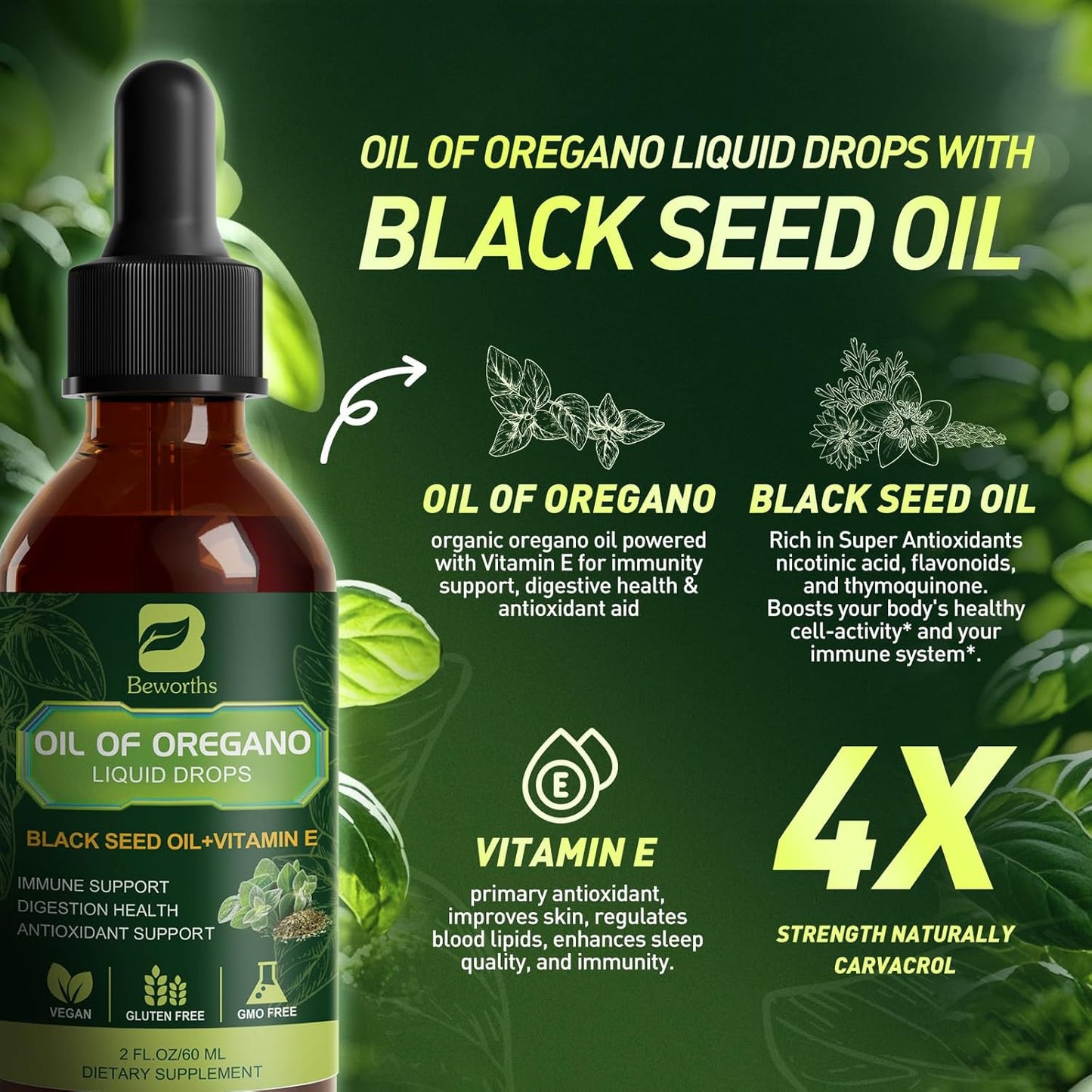 Oregano Oil Drops, Oil of Oregano with Black Seed Oil, Vitamin E, Wild Harvest Oil of Oregano Liquid Herbal Blend for Immune, Antioxidant-Support, Digestive Gut Cleanser Detox Health | Vegan, Non-GMO