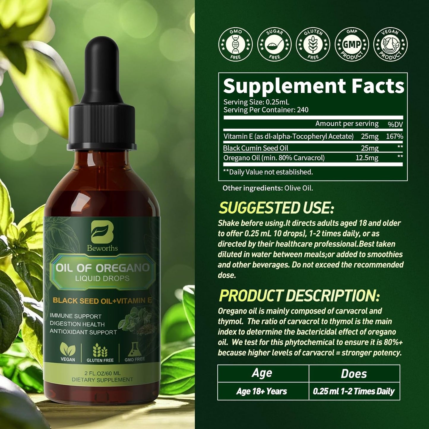 Oregano Oil Drops, Oil of Oregano with Black Seed Oil, Vitamin E, Wild Harvest Oil of Oregano Liquid Herbal Blend for Immune, Antioxidant-Support, Digestive Gut Cleanser Detox Health | Vegan, Non-GMO