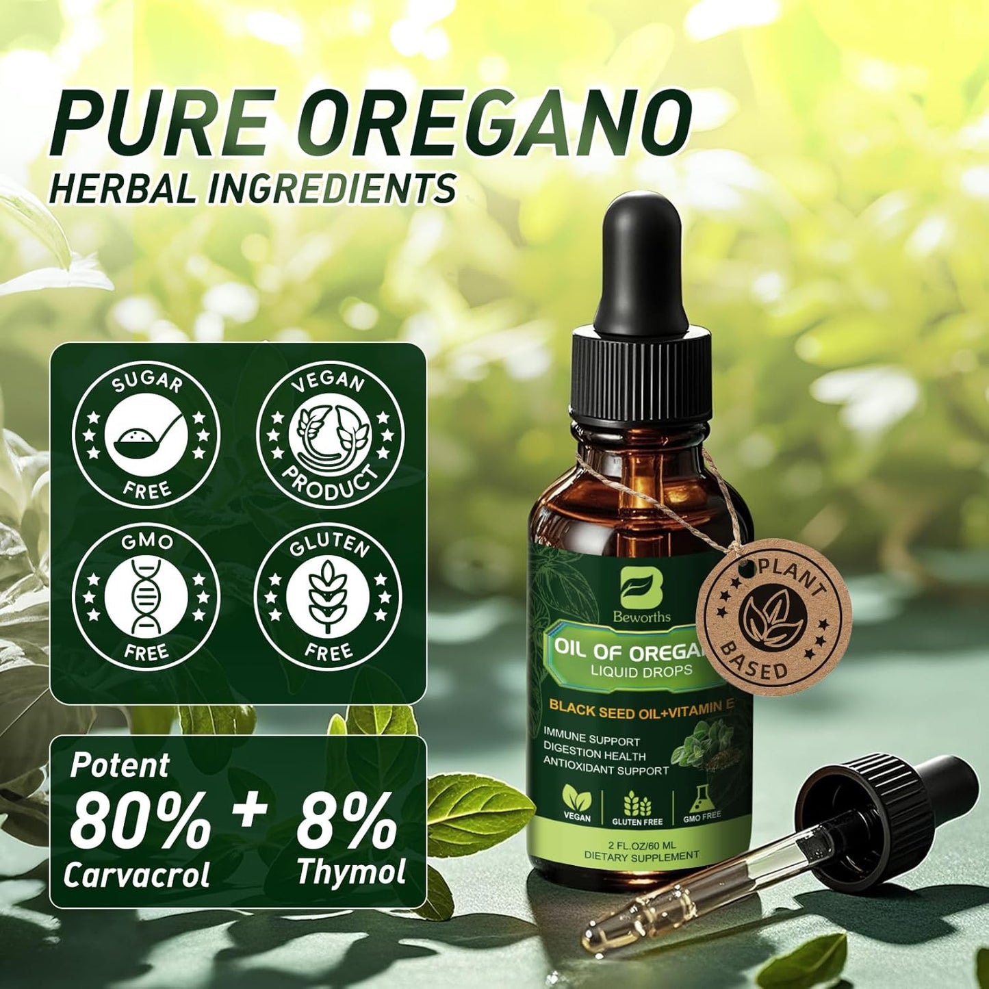 Oregano Oil Drops, Oil of Oregano with Black Seed Oil, Vitamin E, Wild Harvest Oil of Oregano Liquid Herbal Blend for Immune, Antioxidant-Support, Digestive Gut Cleanser Detox Health | Vegan, Non-GMO