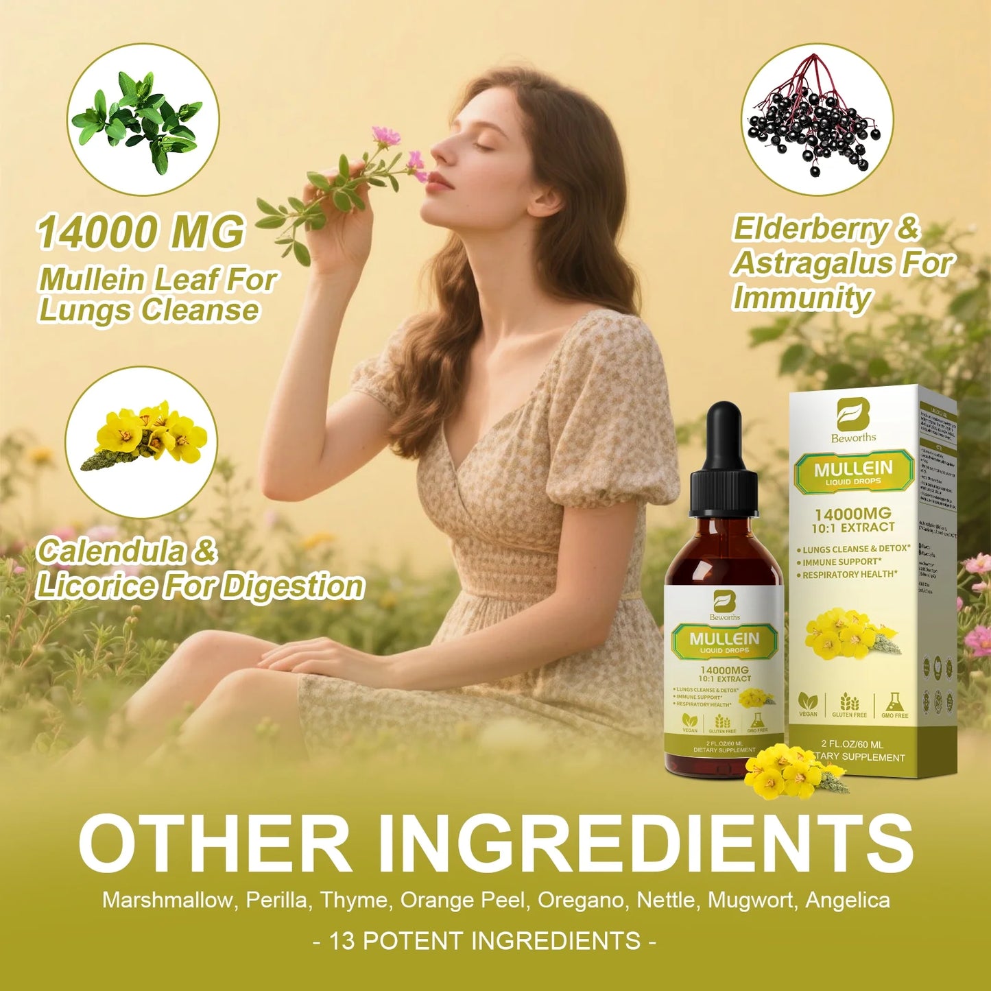 Mullein Drops for Lungs, Lung Detox & Cleanse, 420,000mg Mullein Leaf Extract Tincture, for Respiratory, Immune, 30 Servings
