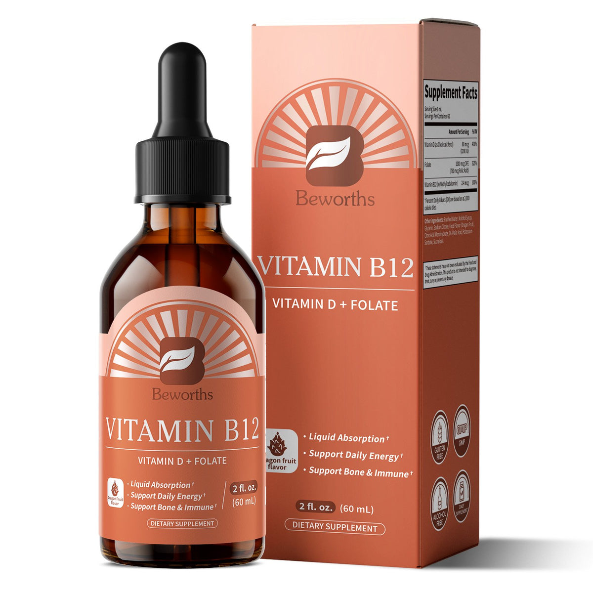 B BEWORTHS Extra Strength Vitamin B12 Sublingual Liquid Drops, with Vitamin D & Folate, for Energy & Immune Support, 2 fl oz