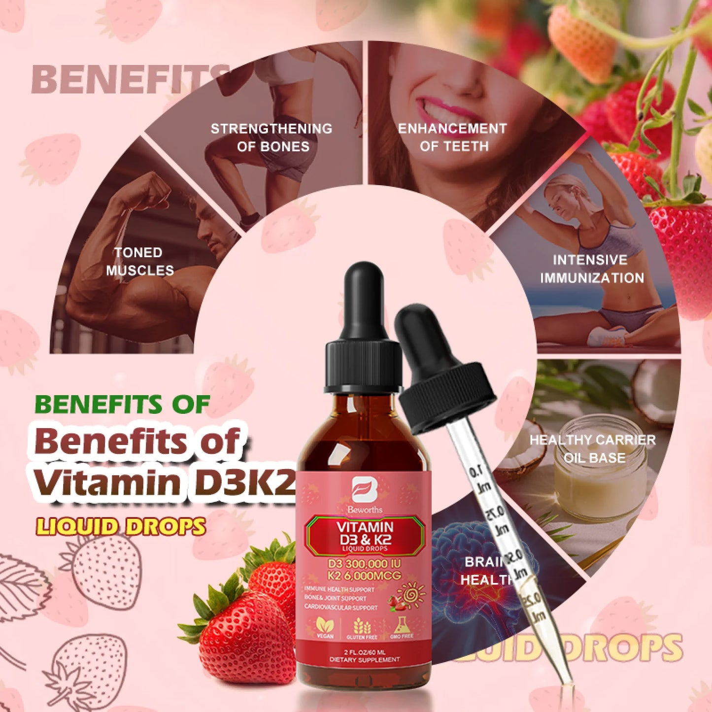 Vitamin D3 K2 Liquid Drops,10,000 IU D3 & 200Mcg K2 per Serving, Support Bone, Heart, Joint, 2 fl oz