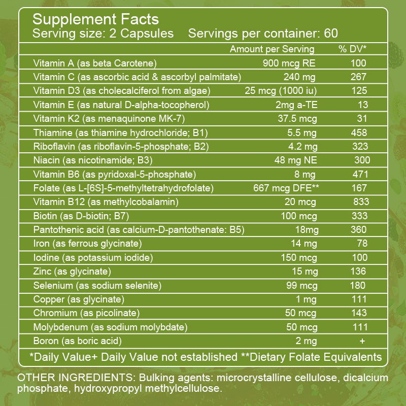 Multivitamin & Minerals Capsules na may Iron, Methylfolate, Zinc, Vitamin D3 at K2