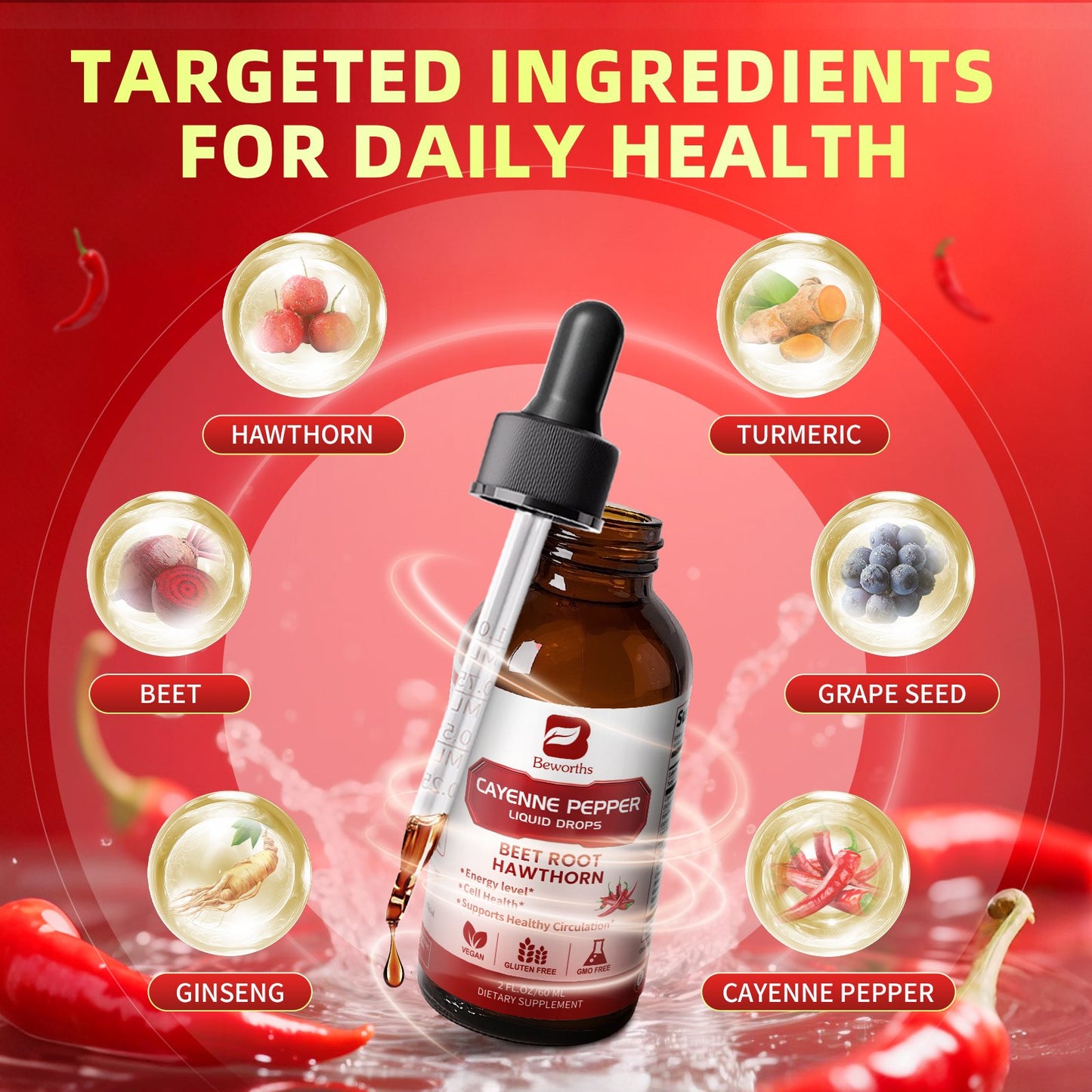 (2 Pack) Cayenne Pepper Liquid Drops Supplements 300mg, Plus Hawthorn Support Digestive Health, Cardiovascular & Circulatory Support, 2 fl oz