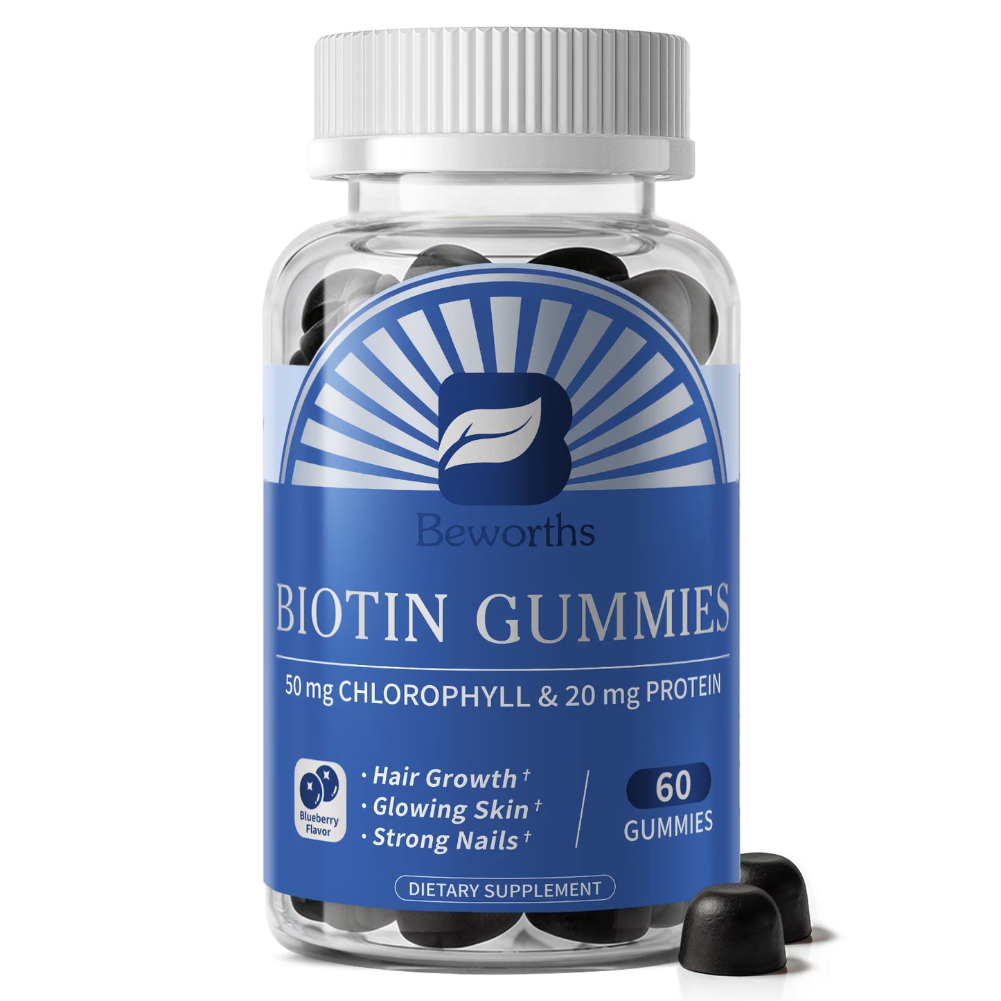 B Beworths Biotin Gummies 12000 mcg for Adults, Hair Skin and Nails Supplement with Collagen Protein, Chlorophyll, Blueberry Flavor, 60 Count