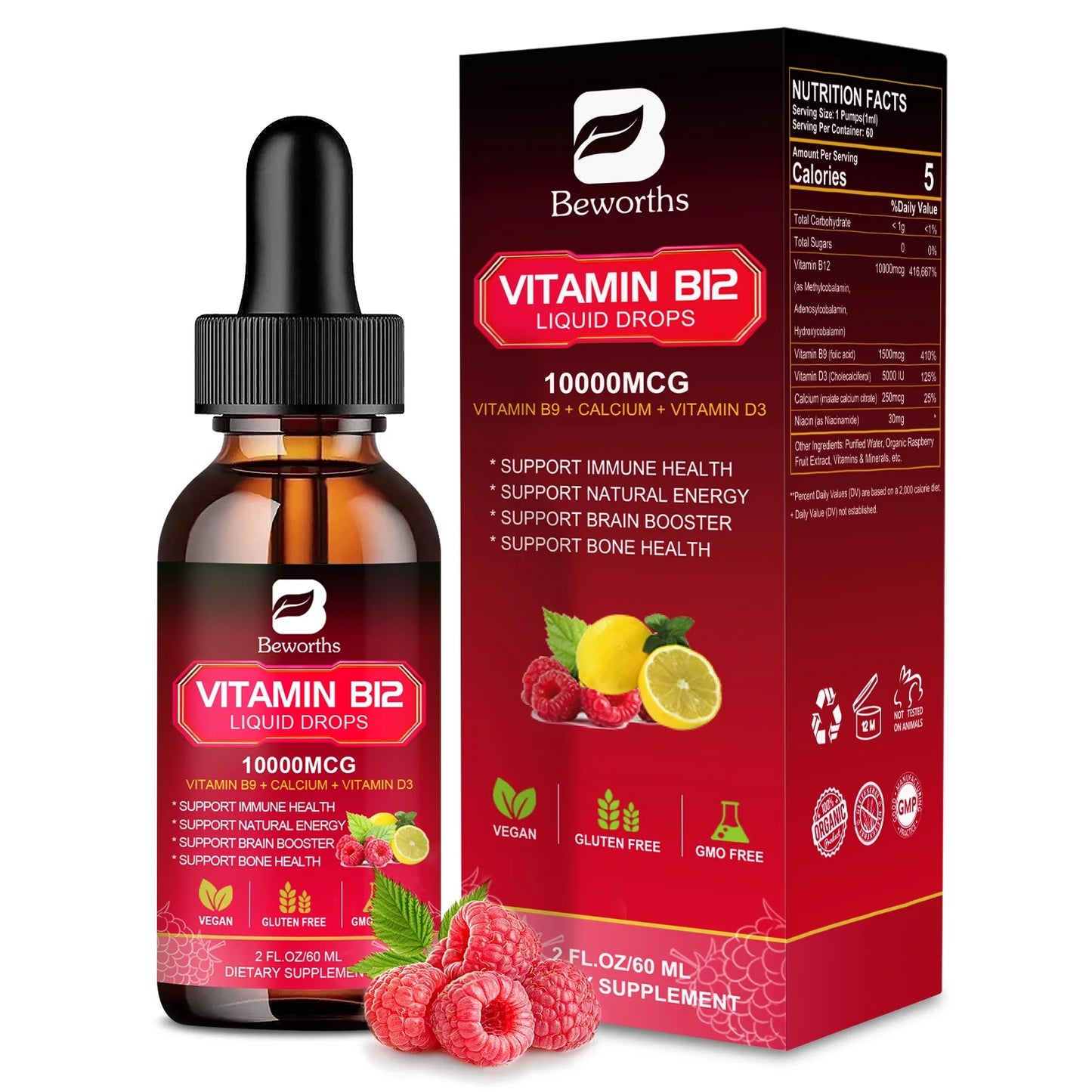 Vitamin B12 Liquid Drops 10,000 mcg, Support Immune, Energy & Brain, Vegan Raspberry Flavor, 2 fl oz