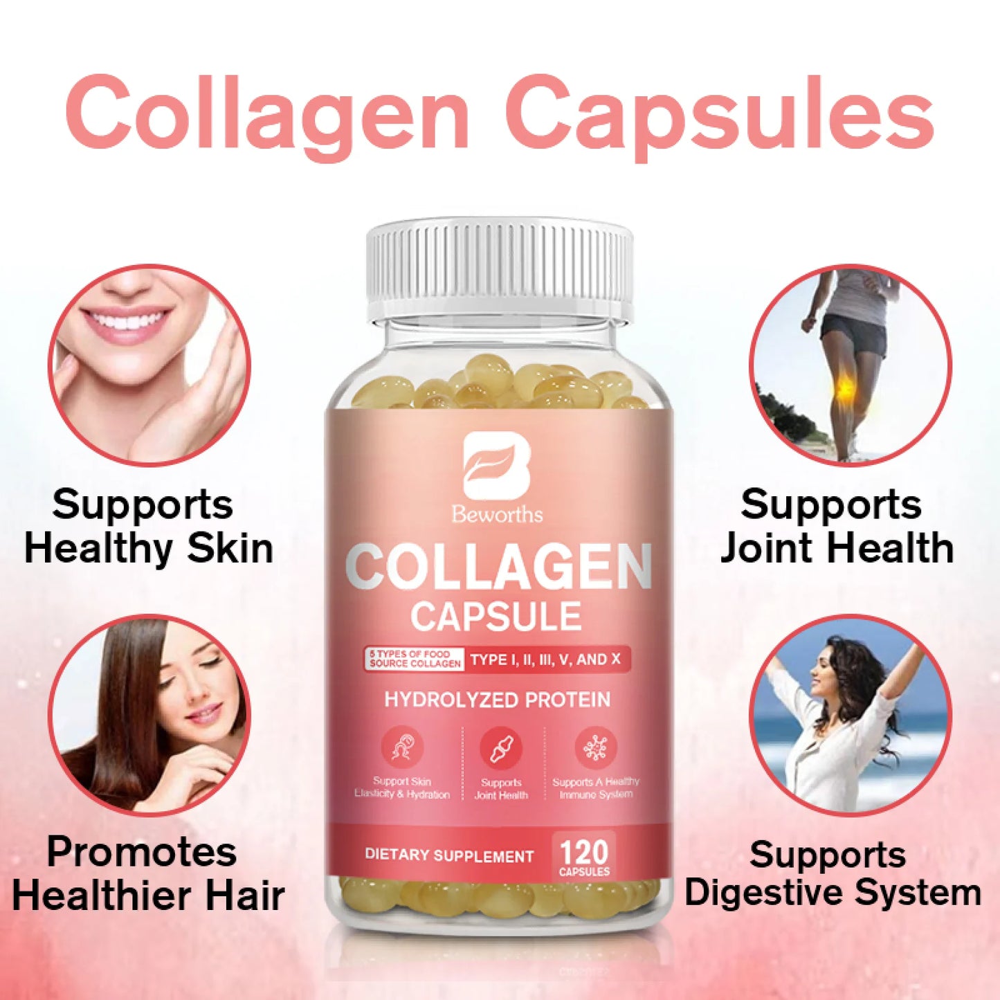 Multi Collagen Capsules | Hydrolyzed Collagen Type I, II, III, V, X | Hair, Skin, Nail & Joint Support, 120 Capsules