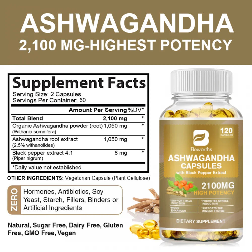 Ashwagandha Capsules 2100mg - Organic Ashwagandha Supplement - Stress Relief, Mood Enhancer & Natural Energy Support Supplement for Men and Women - 360 Softgels(3 PACK)