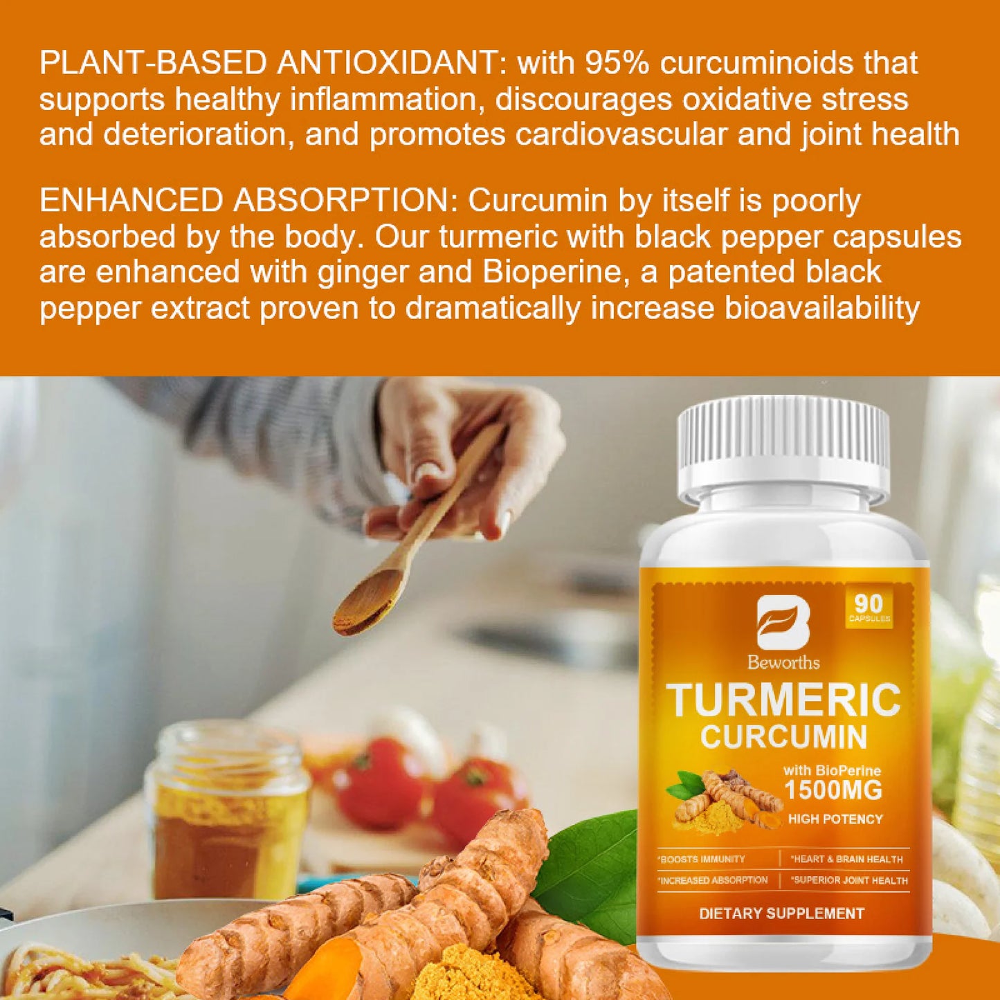 Turmeric Curcumin with Black Pepper Extract 1500mg - High Absorption Turmeric Supplement for Joint Support - 90 Count