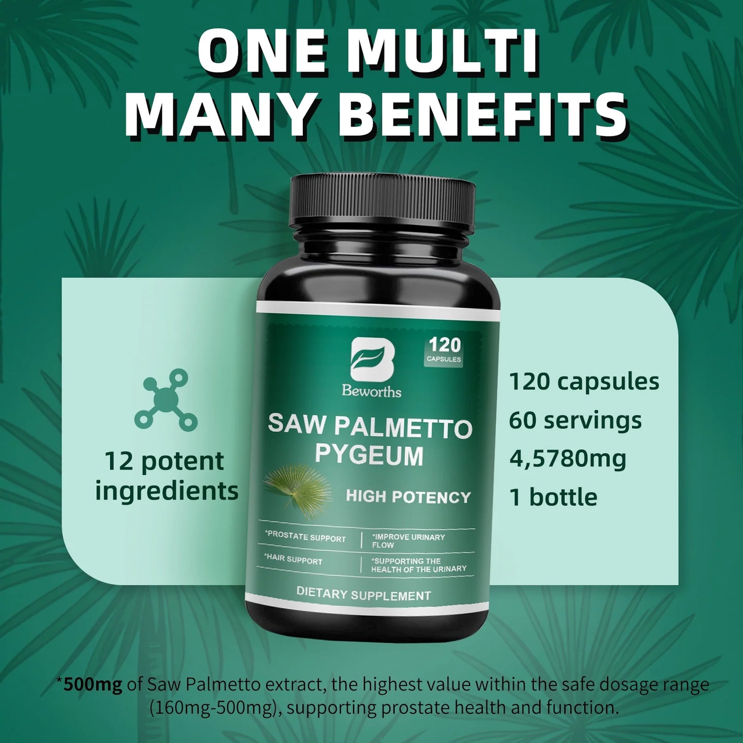 Saw Palmetto 500mg with Biotin & Pumpkin Seed Extract - DHT Blocker Hair Supplement Urinary Health & Prostate Support, 120 Capsules