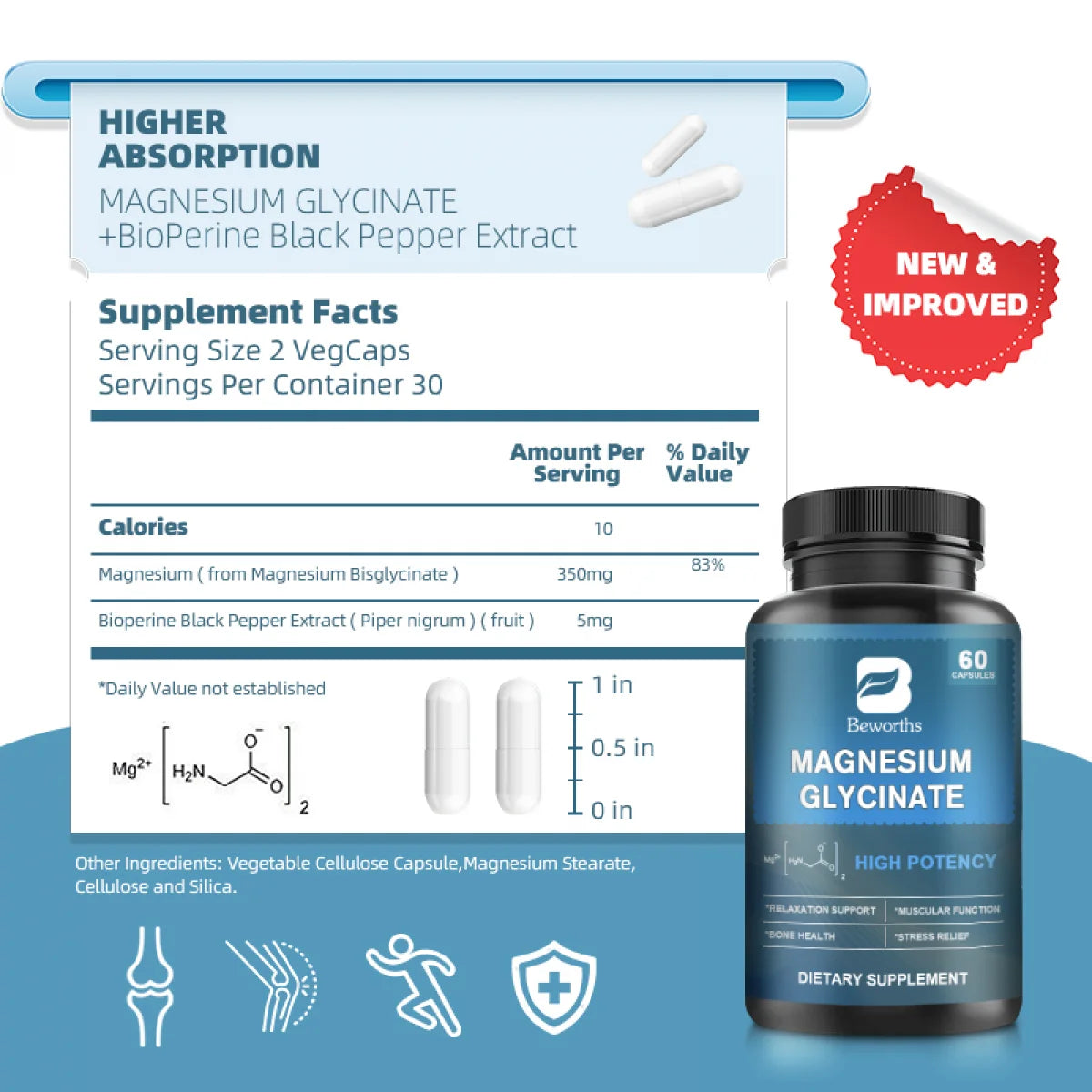 Beworths Magnesium Glycinate Pills - Chelated Magnesium Bisglycinate with BioPerine - Support Stress, Bones, Muscle & Relaxation Supplement,60 Capsules
