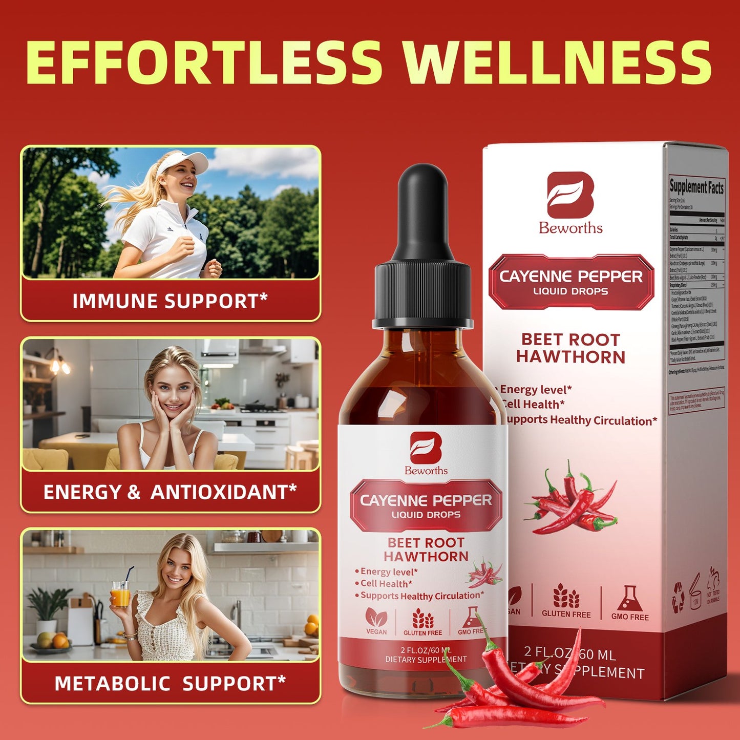 Cayenne Pepper Liquid Drops, with Hawthorn & Beet Root Powder for Digestive Support, Cardiovascular & Circulatory Support, 2 fl oz