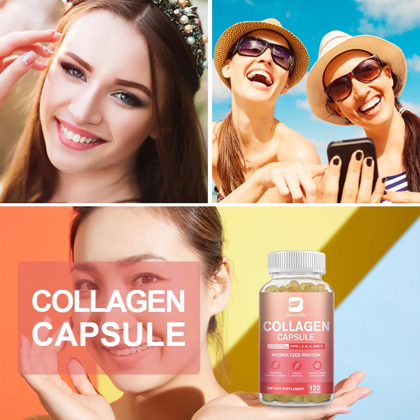 Multi Collagen Capsules | Hydrolyzed Collagen Type I, II, III, V, X | Hair, Skin, Nail & Joint Support, 120 Capsules