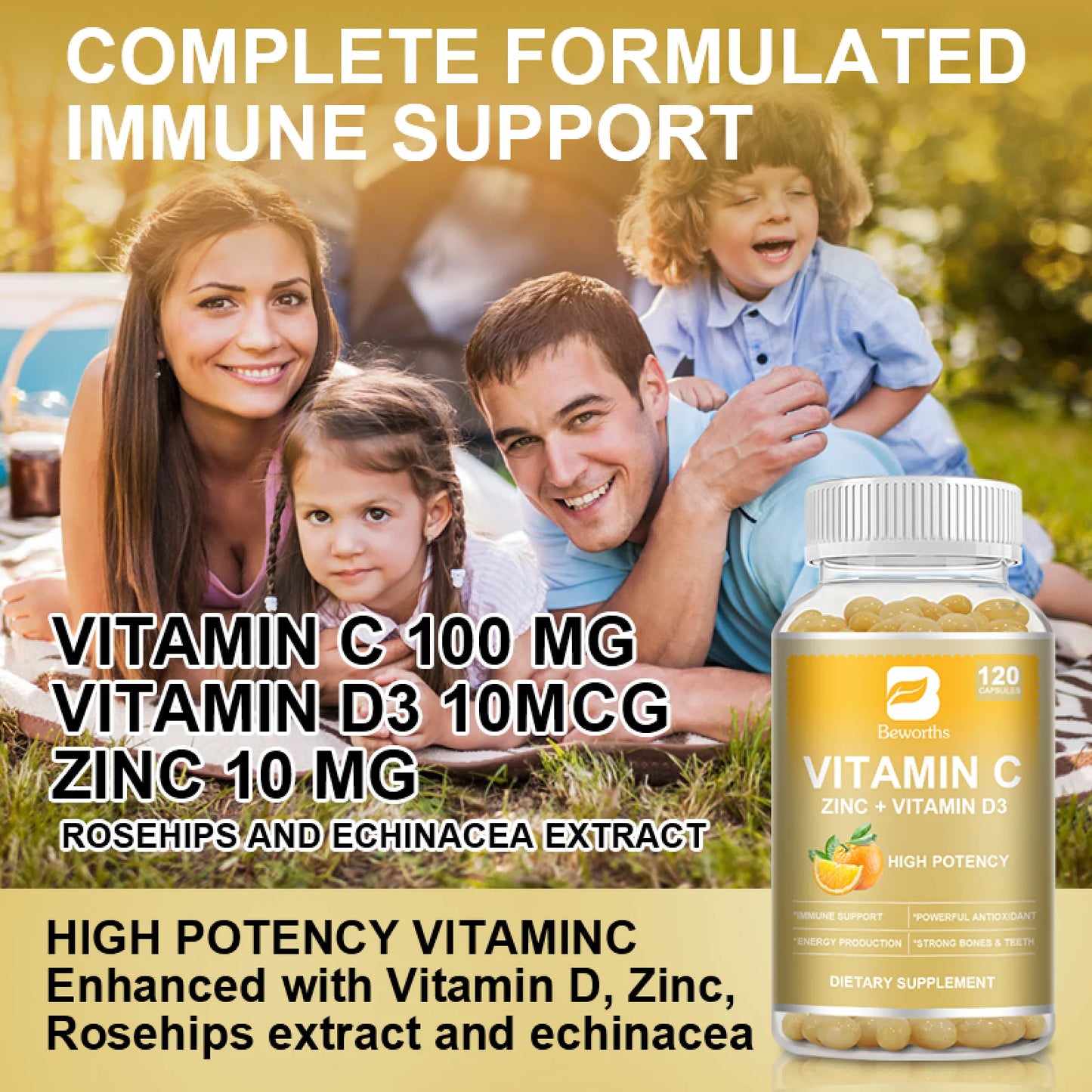 Vitamin C Zinc + Vitamin D3 Supplement, Plus Rosehips for Antioxidant & Immune Support, 120 Capsules