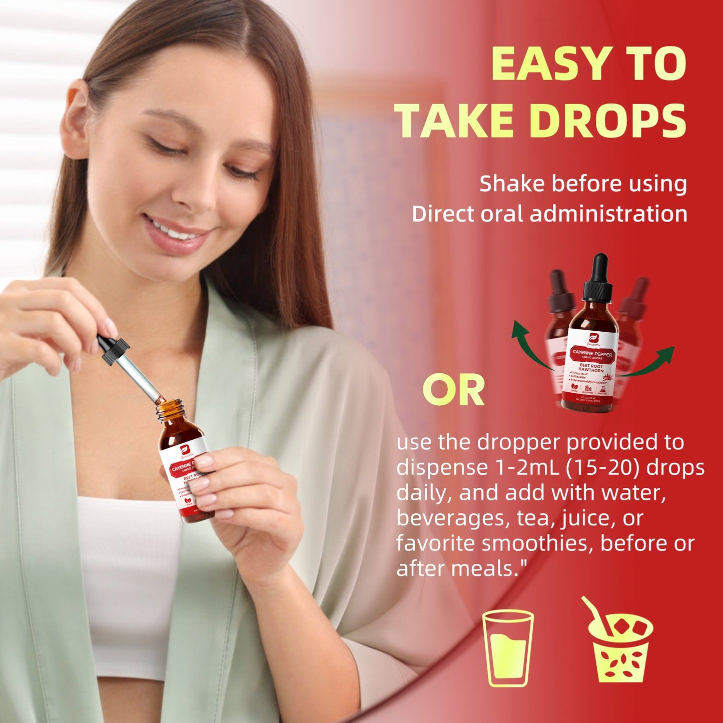 Cayenne Pepper Liquid Drops, with Hawthorn & Beet Root Powder for Digestive Support, Cardiovascular & Circulatory Support, 2 fl oz