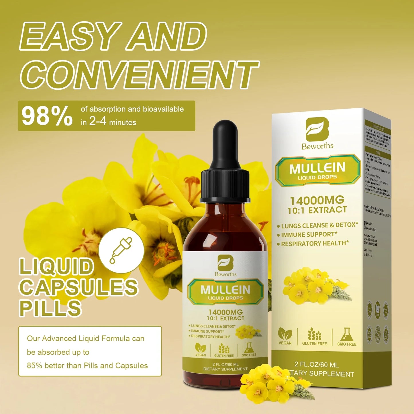 Mullein Drops for Lungs, Lung Detox & Cleanse, 420,000mg Mullein Leaf Extract Tincture, for Respiratory, Immune, 30 Servings