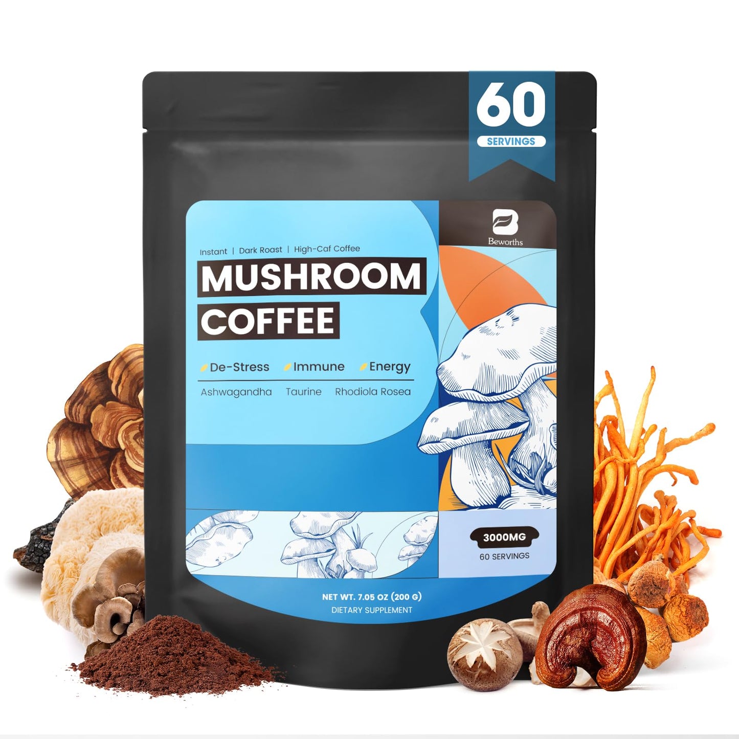 B BEWORTHS Mushroom Coffee Dietary fiber Prebiotics Mixed Arabica Instant Coffee
