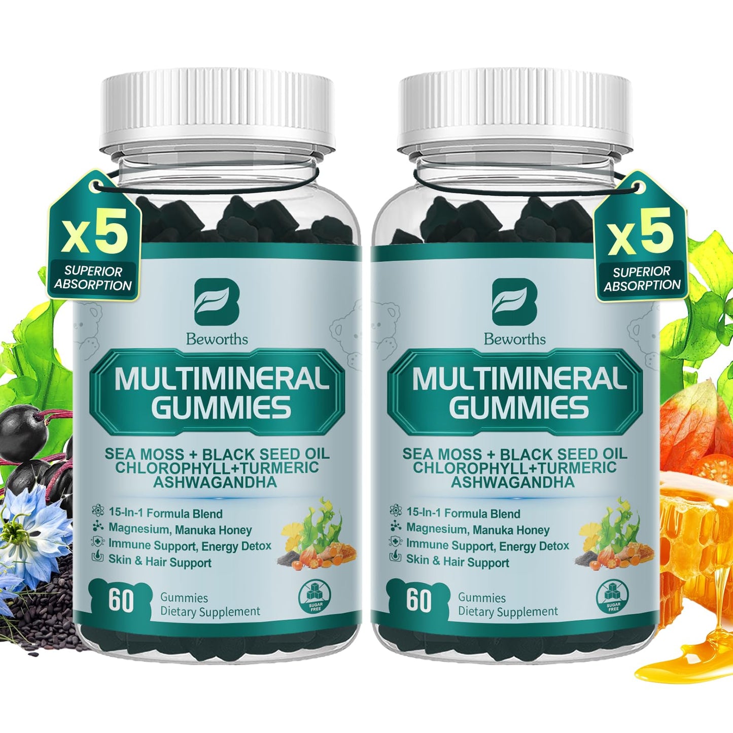 Sea Moss Black Seed Oil Ashwagandha Gummies, Irish Sea Moss Multimineral Supplement with Turmeric, Magnesium, Chlorophyll, Elderberry, Manuka Honey for Immune & Detox Support - 120 |Vegan