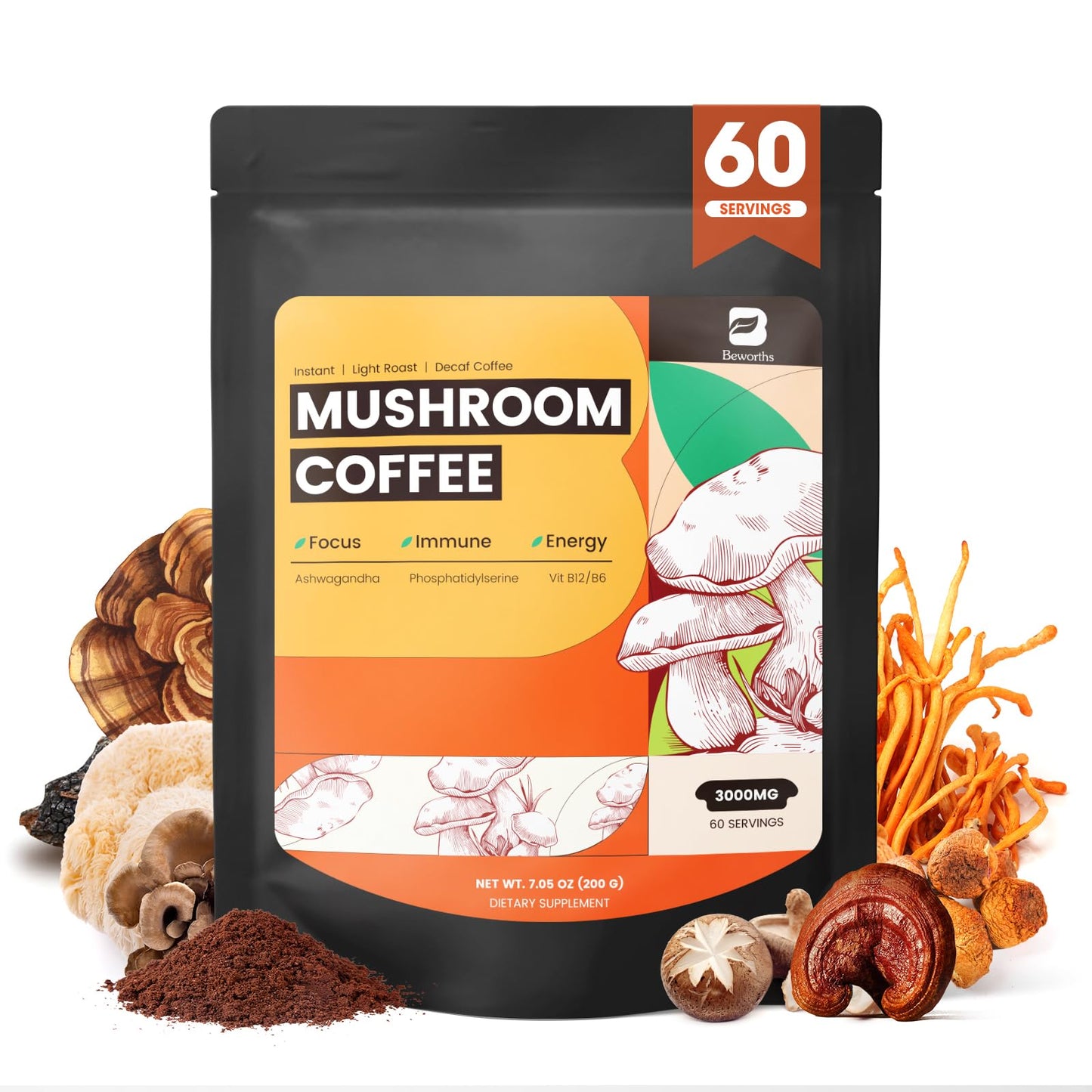 Mushroom Coffee, 10 Mushrooms Instant Coffee Powder - Lion's Mane, Reishi, Chaga, Cordyceps, Turkey Tail, Shiitake, Ashwagandha, Vitamin B12 / B6, Arabica Coffe for Immune Boost, Focus & Gut Health