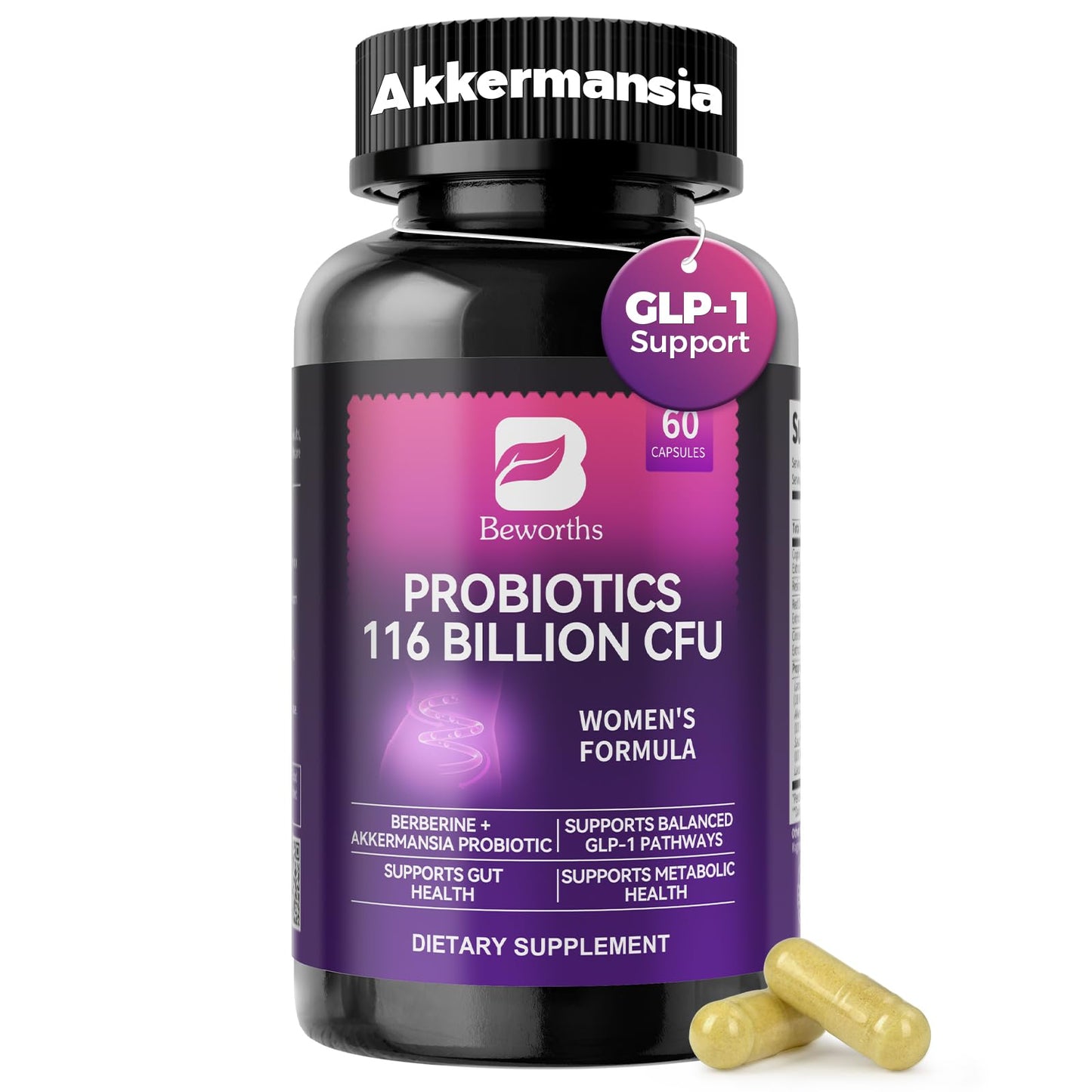 GLP-1 Supplement - Akkermansia Probiotics with Berberine for Women & Men, for GLP-1 Production, Digestive, Gut, Immune Health, Enhances Gut Digestive Lining Function, 60 Capsules
