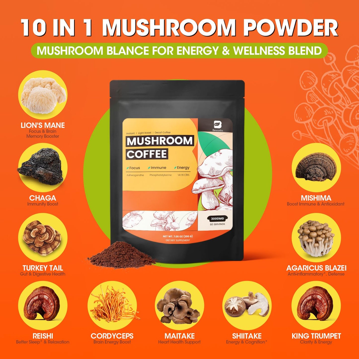 Mushroom Coffee, 10 Mushrooms Instant Coffee Powder - Lion's Mane, Reishi, Chaga, Cordyceps, Turkey Tail, Shiitake, Ashwagandha, Vitamin B12 / B6, Arabica Coffe for Immune Boost, Focus & Gut Health