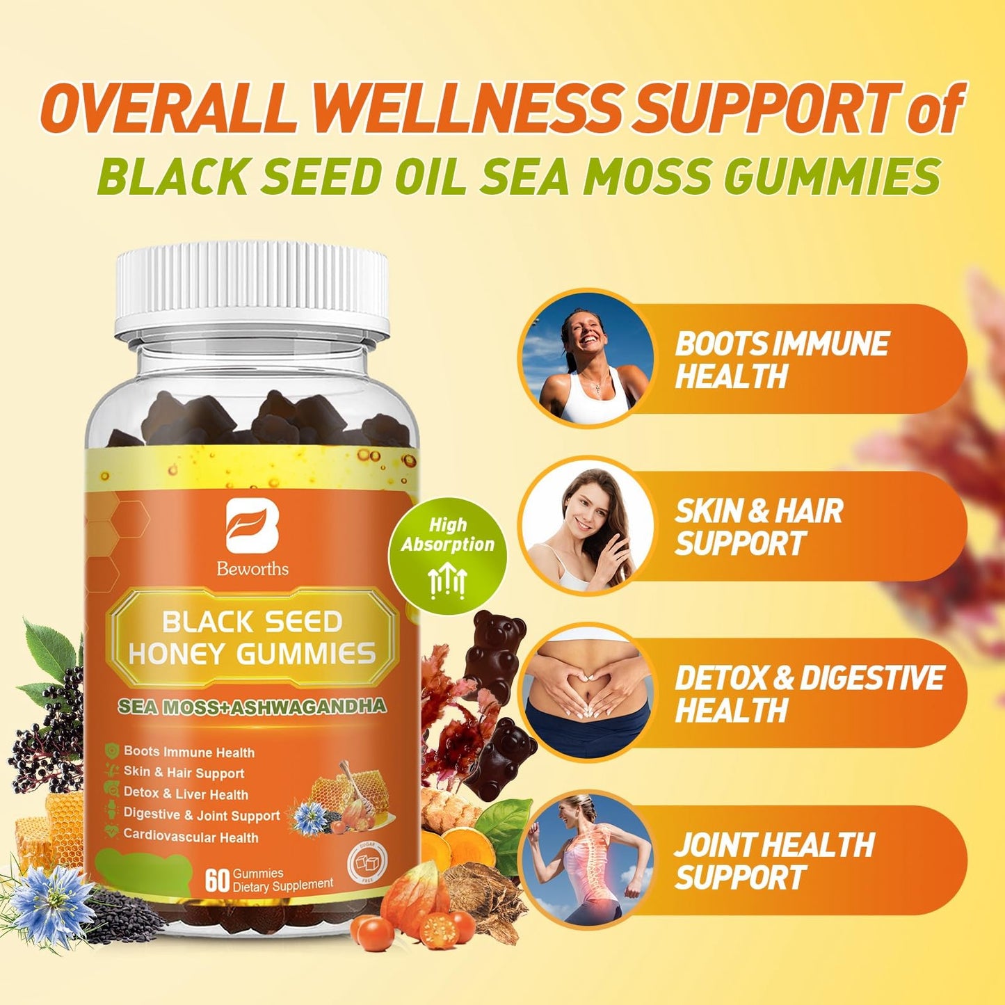(2 Pack) Black Seed Oil Sea Moss Gummies with Ashwagandha, Burdock Root, Linden Honey, Elderberry, Turmeric, Vitamin C, D3 & Zinc - Supports Immunity, Joints, Digestion, Hair & Skin, Vegan Gummies 120