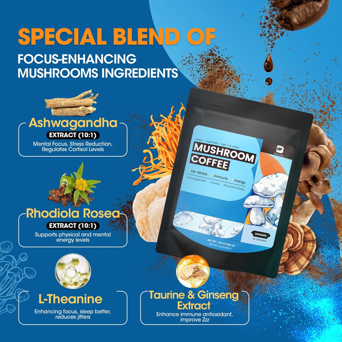 B BEWORTHS Mushroom Coffee Dietary fiber Prebiotics Mixed Arabica Instant Coffee