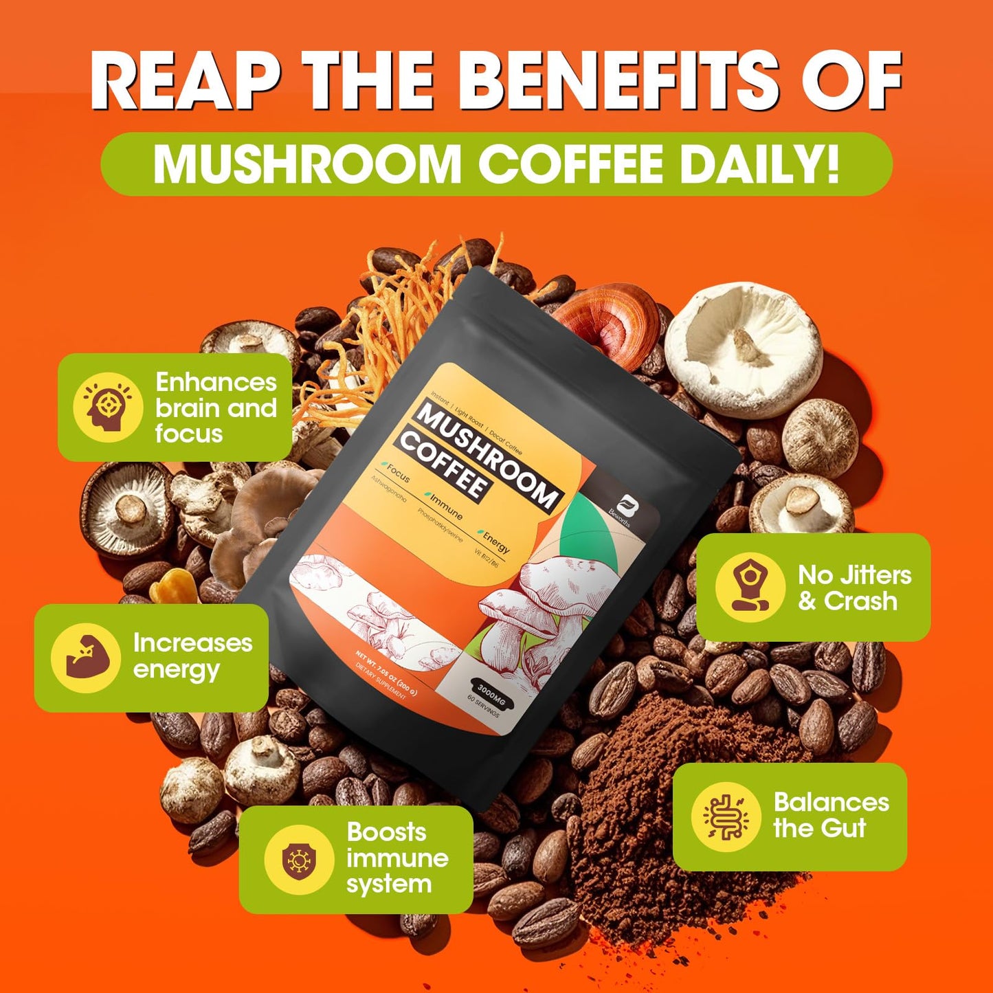Mushroom Coffee, 10 Mushrooms Instant Coffee Powder - Lion's Mane, Reishi, Chaga, Cordyceps, Turkey Tail, Shiitake, Ashwagandha, Vitamin B12 / B6, Arabica Coffe for Immune Boost, Focus & Gut Health