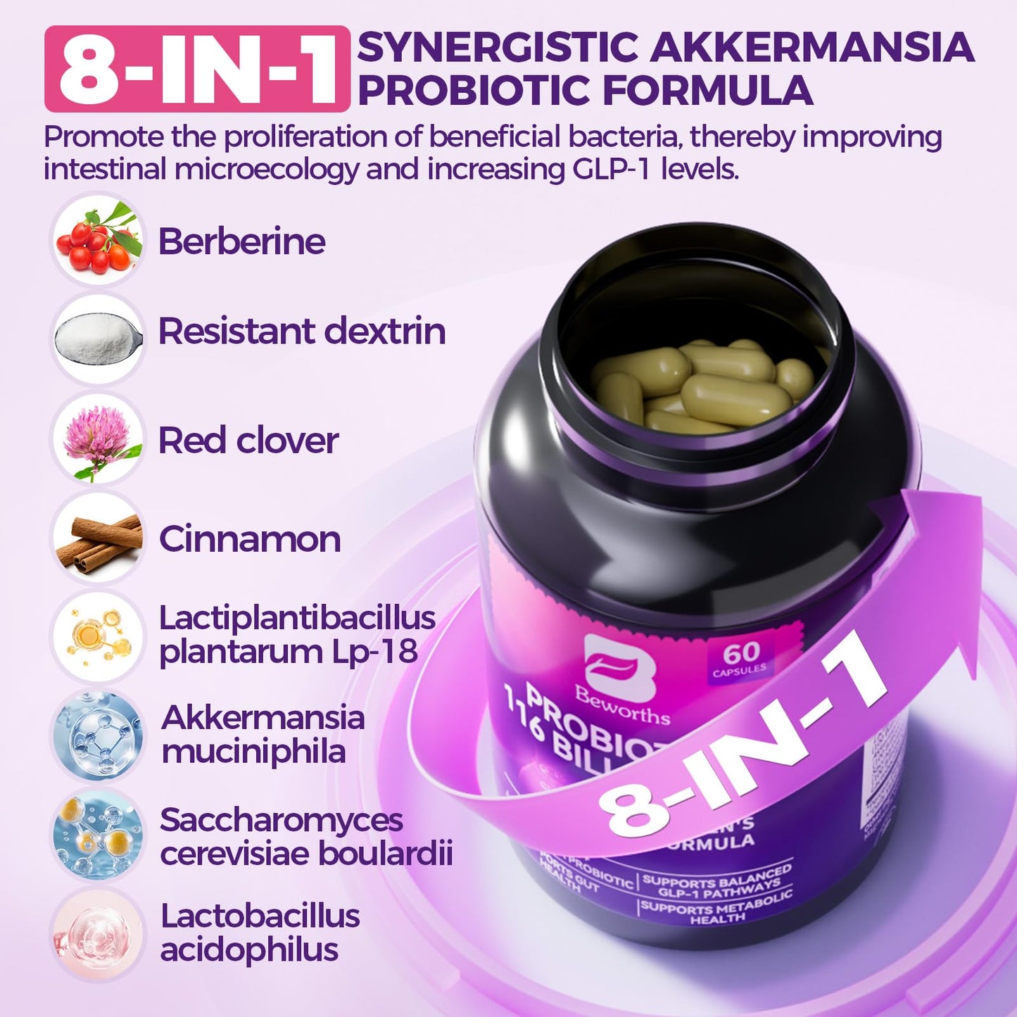 GLP-1 Supplement - Akkermansia Probiotics with Berberine for Women & Men, for GLP-1 Production, Digestive, Gut, Immune Health, Enhances Gut Digestive Lining Function, 120 Capsules