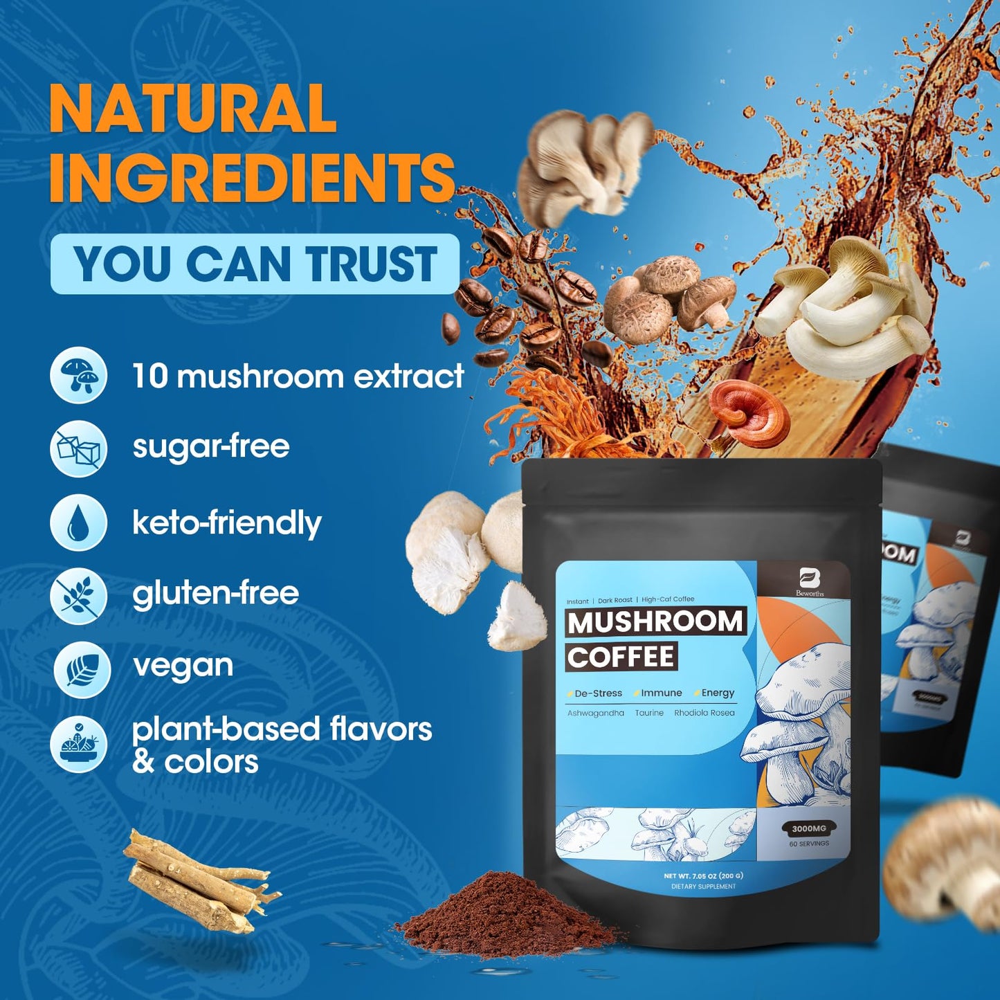 B BEWORTHS Mushroom Coffee Dietary fiber Prebiotics Mixed Arabica Instant Coffee