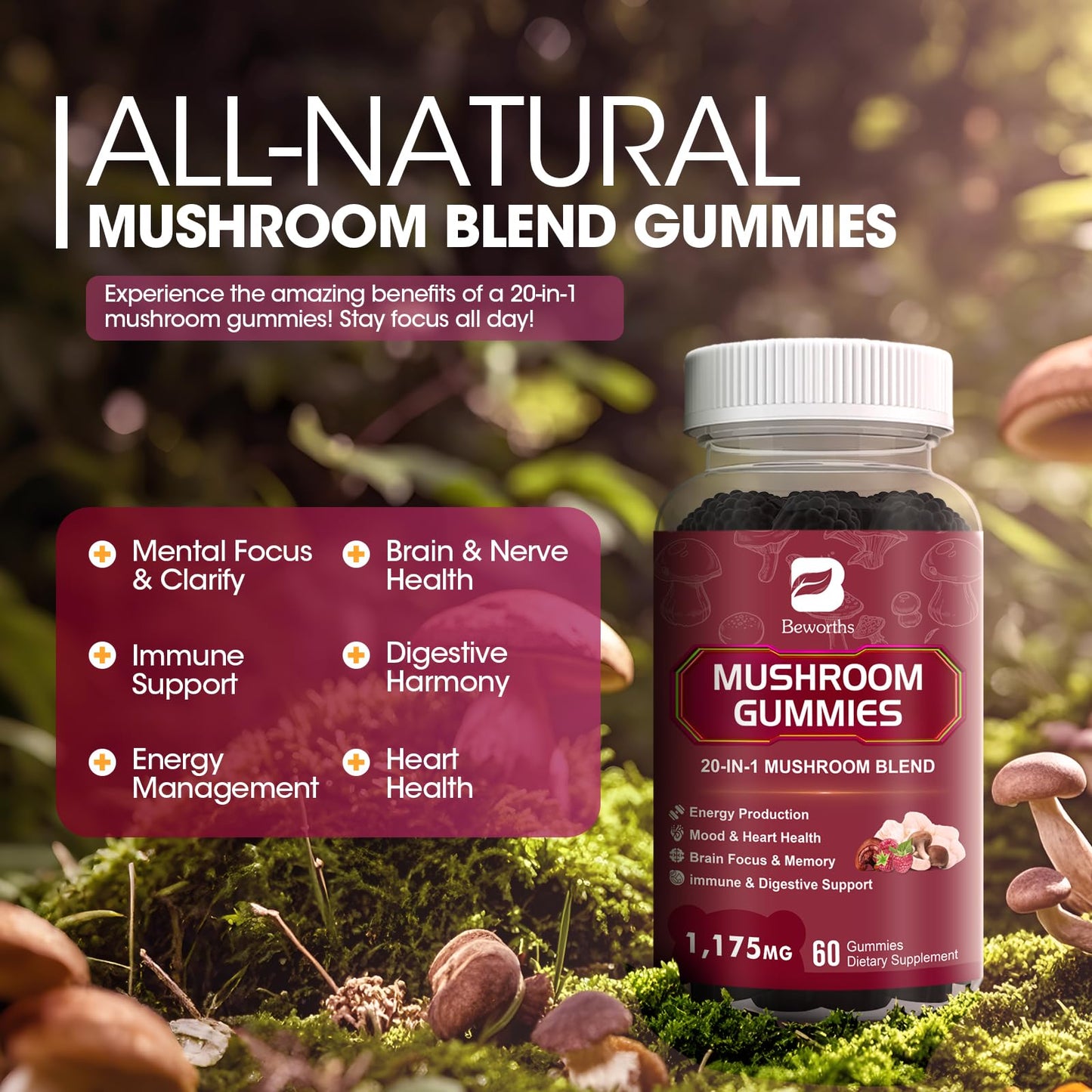 Super Mushroom Complex Gummies, 20-IN-1 Lion's Mane Supplement Gummies - Mushroom Supplement with Cordyceps, Reishi etc, Support for Brain Health, Focus & Clarity, Non-GMO,Raspberry Flavor,60 Gummies