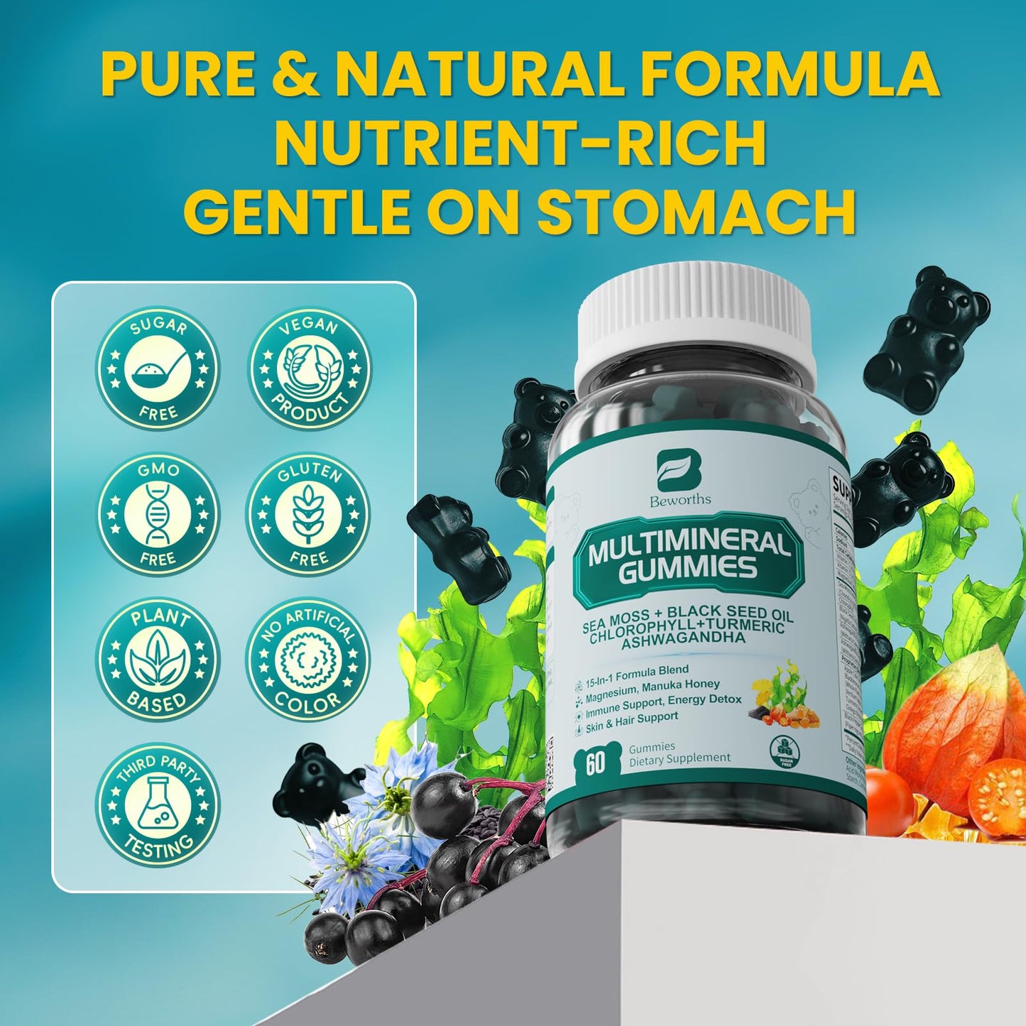 Sea Moss Black Seed Oil Ashwagandha Gummies, Irish Sea Moss Multimineral Supplement with Turmeric, Magnesium, Chlorophyll, Elderberry, Manuka Honey for Immune & Detox Support - 120 |Vegan